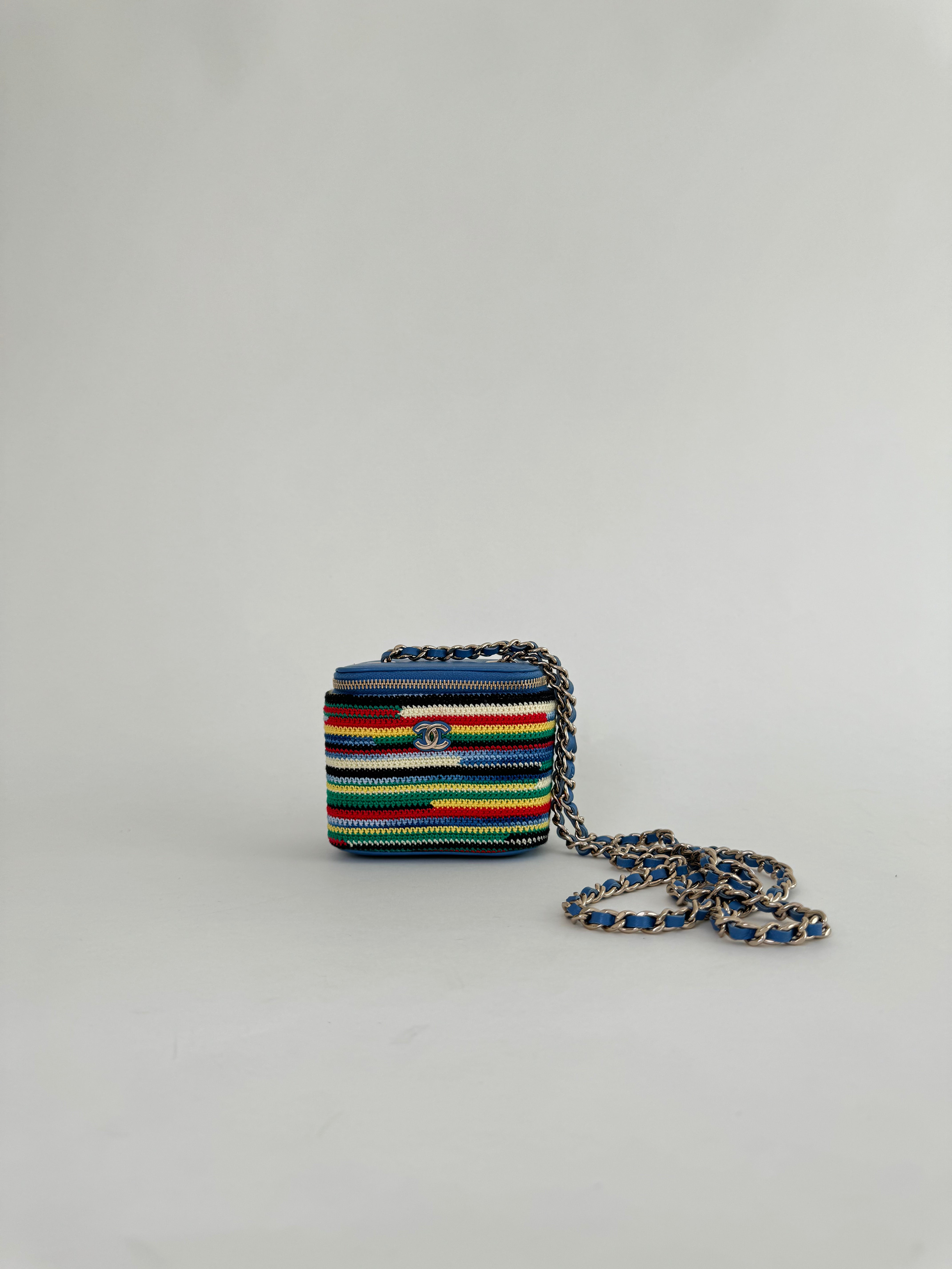 Chanel Vanity Case with Chain Multicolor Embroidered Crochet Mini Blue