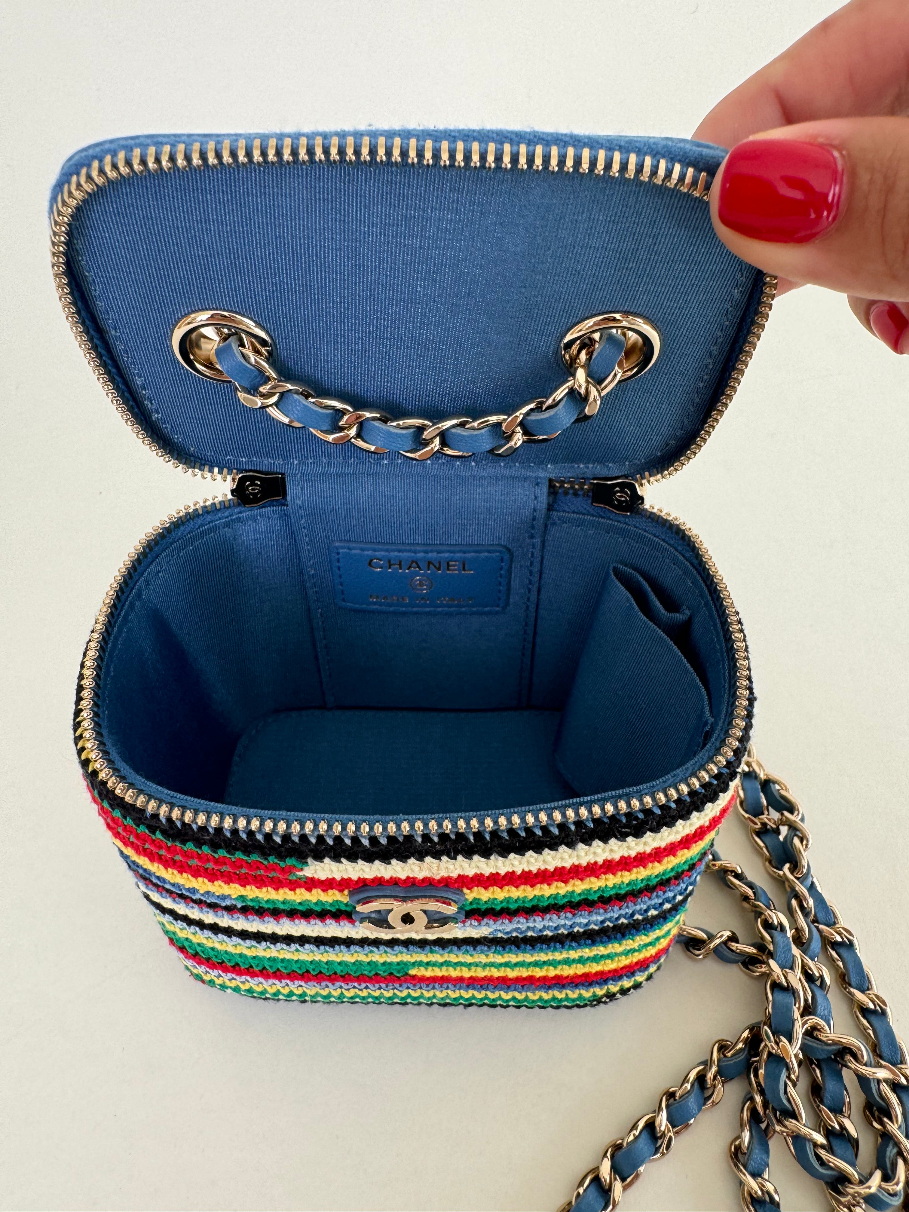 Chanel Vanity Case with Chain Multicolor Embroidered Crochet Mini Blue