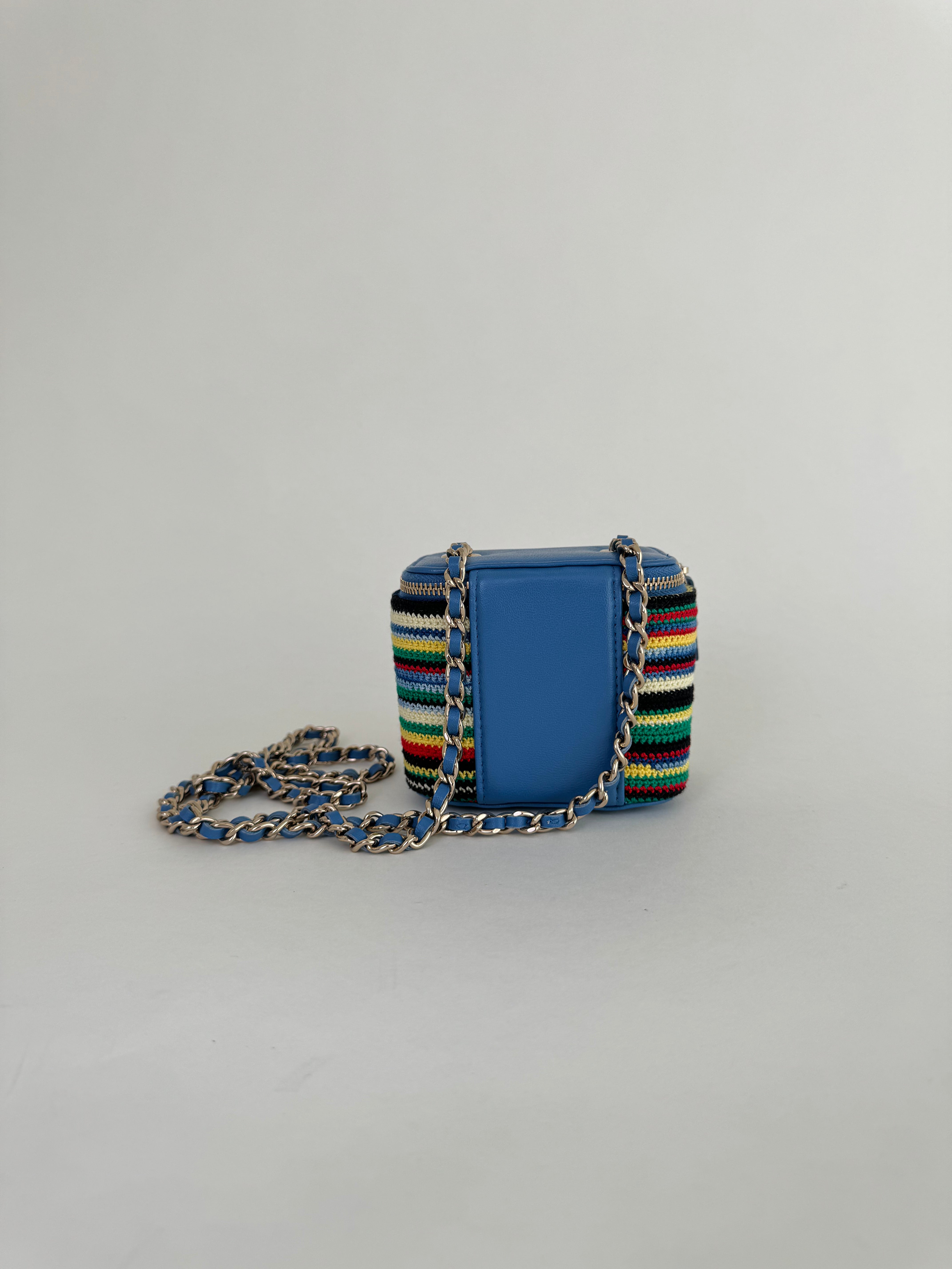 Chanel Vanity Case with Chain Multicolor Embroidered Crochet Mini Blue