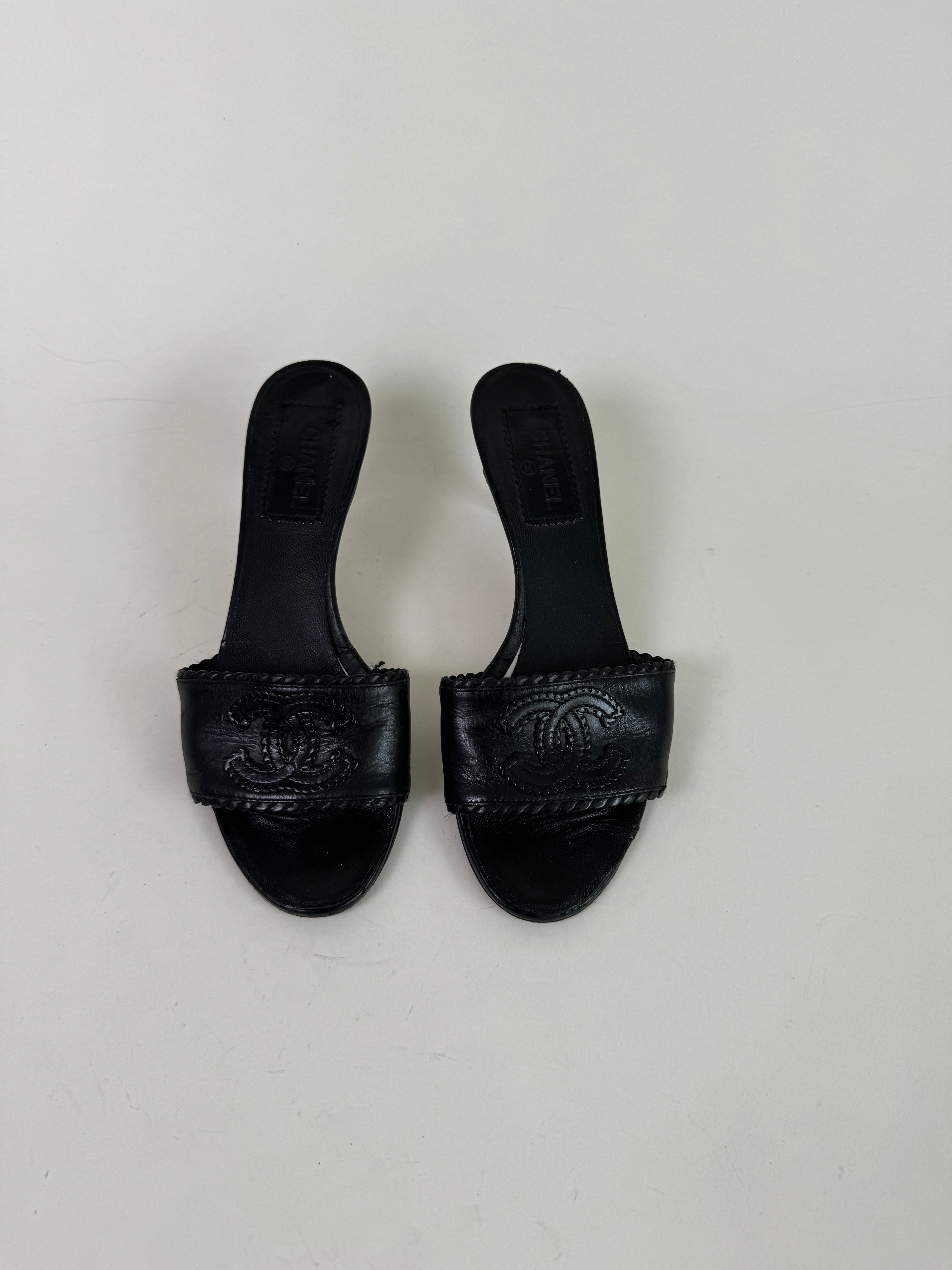 Chanel Black Leather CC Slide Heels 37.5