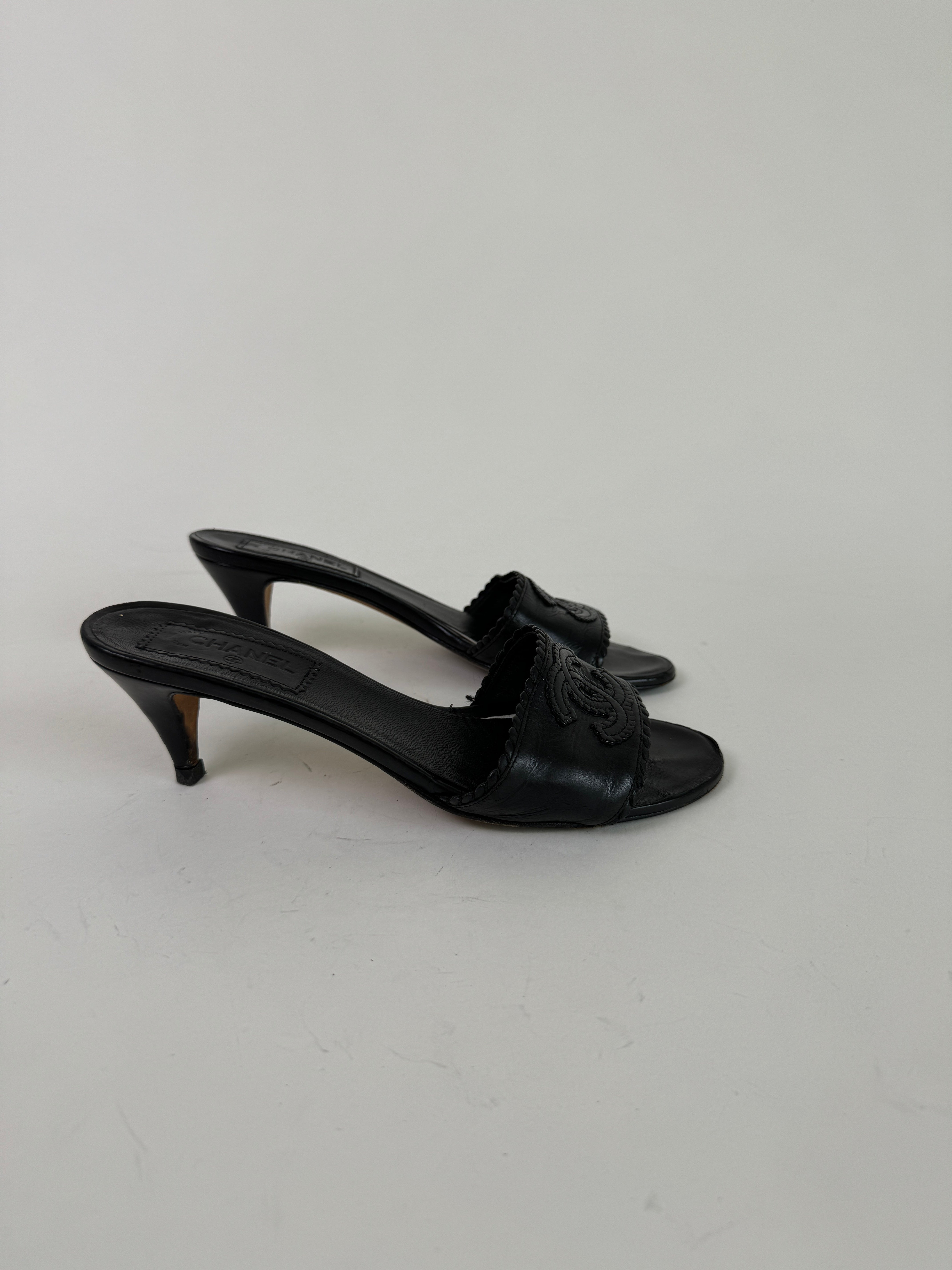 Chanel Black Leather CC Slide Heels 37.5