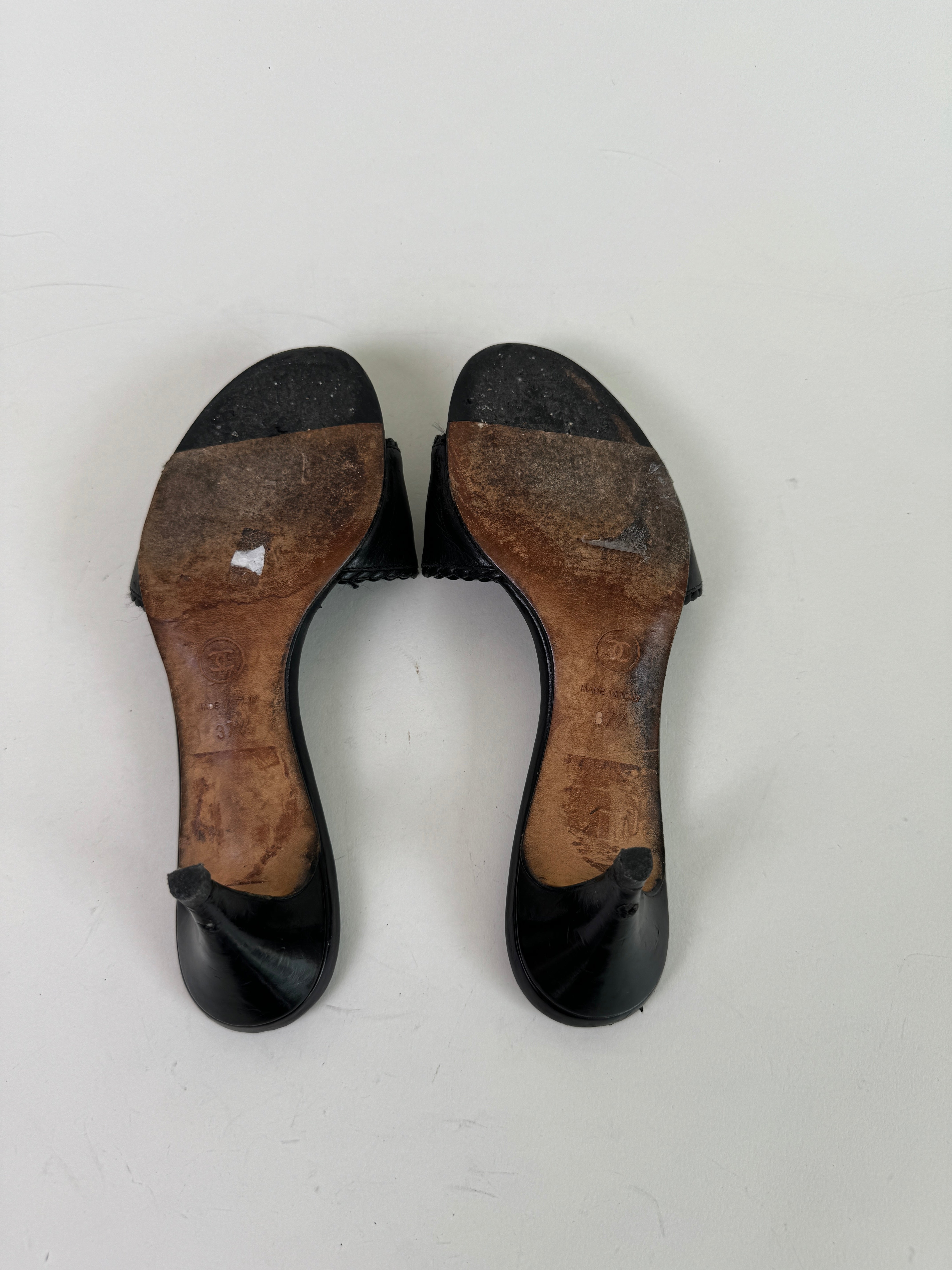 Chanel Black Leather CC Slide Heels 37.5