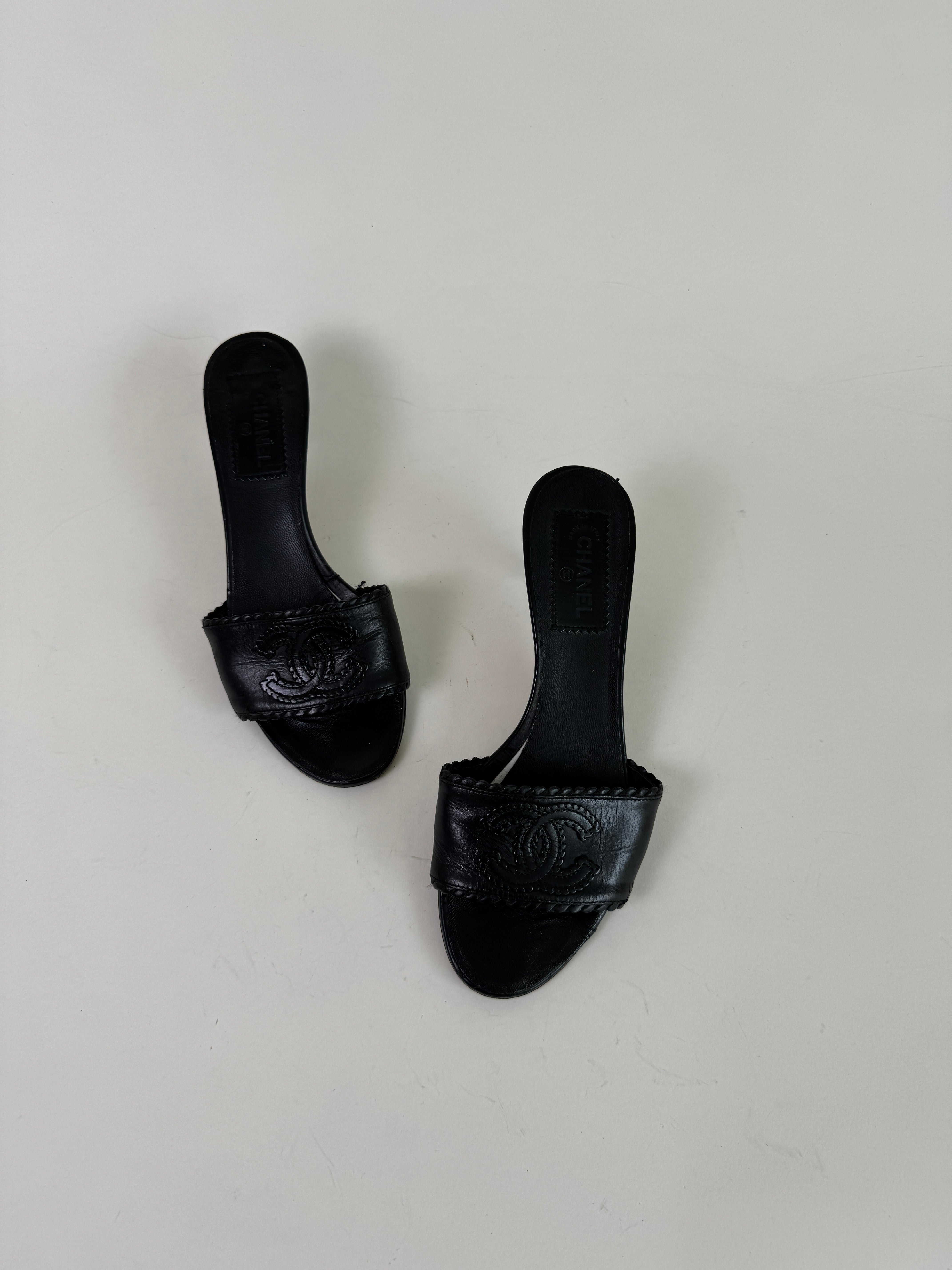 Chanel Black Leather CC Slide Heels 37.5