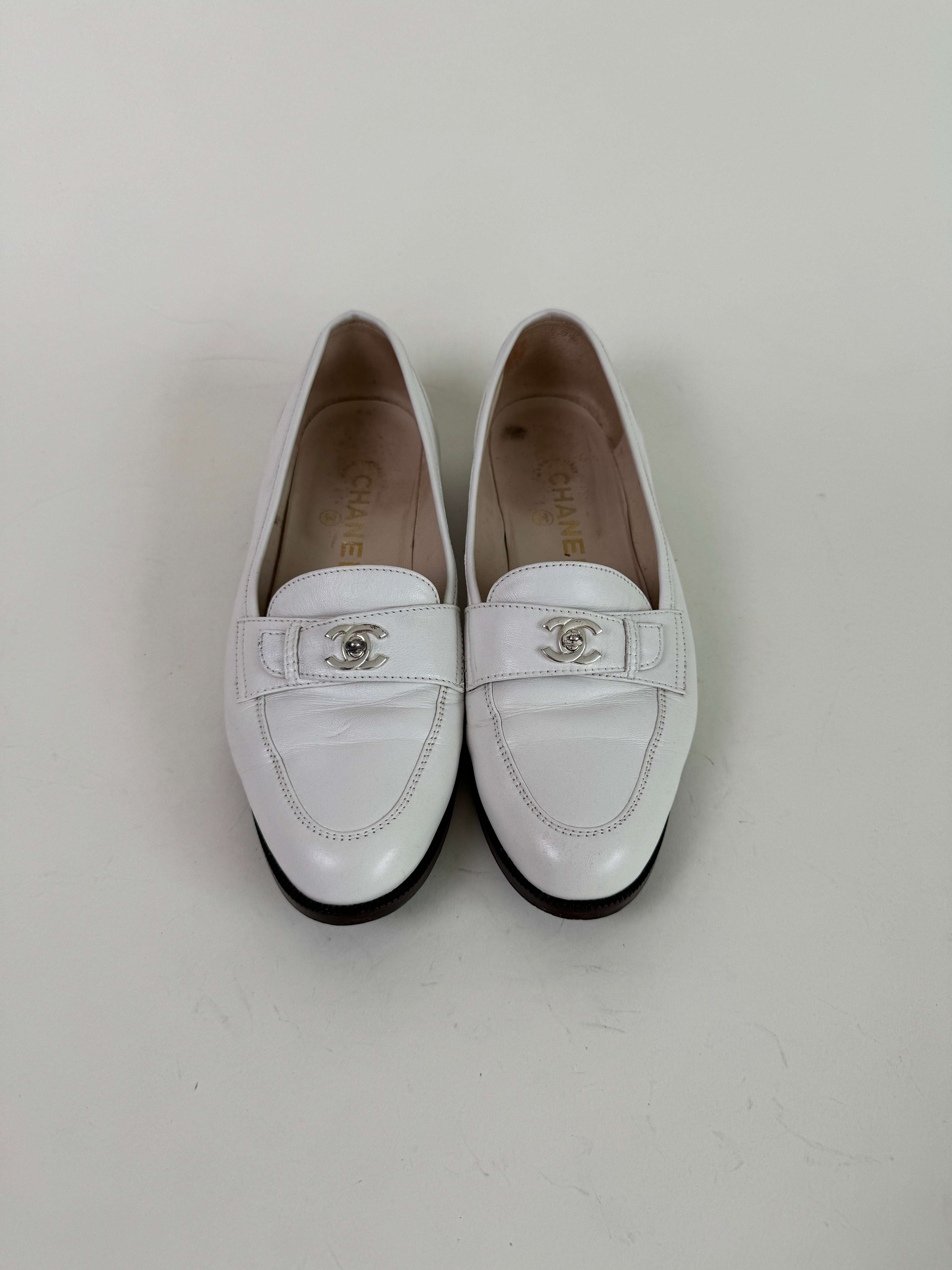 Vintage Chanel White Leather Loafers 38