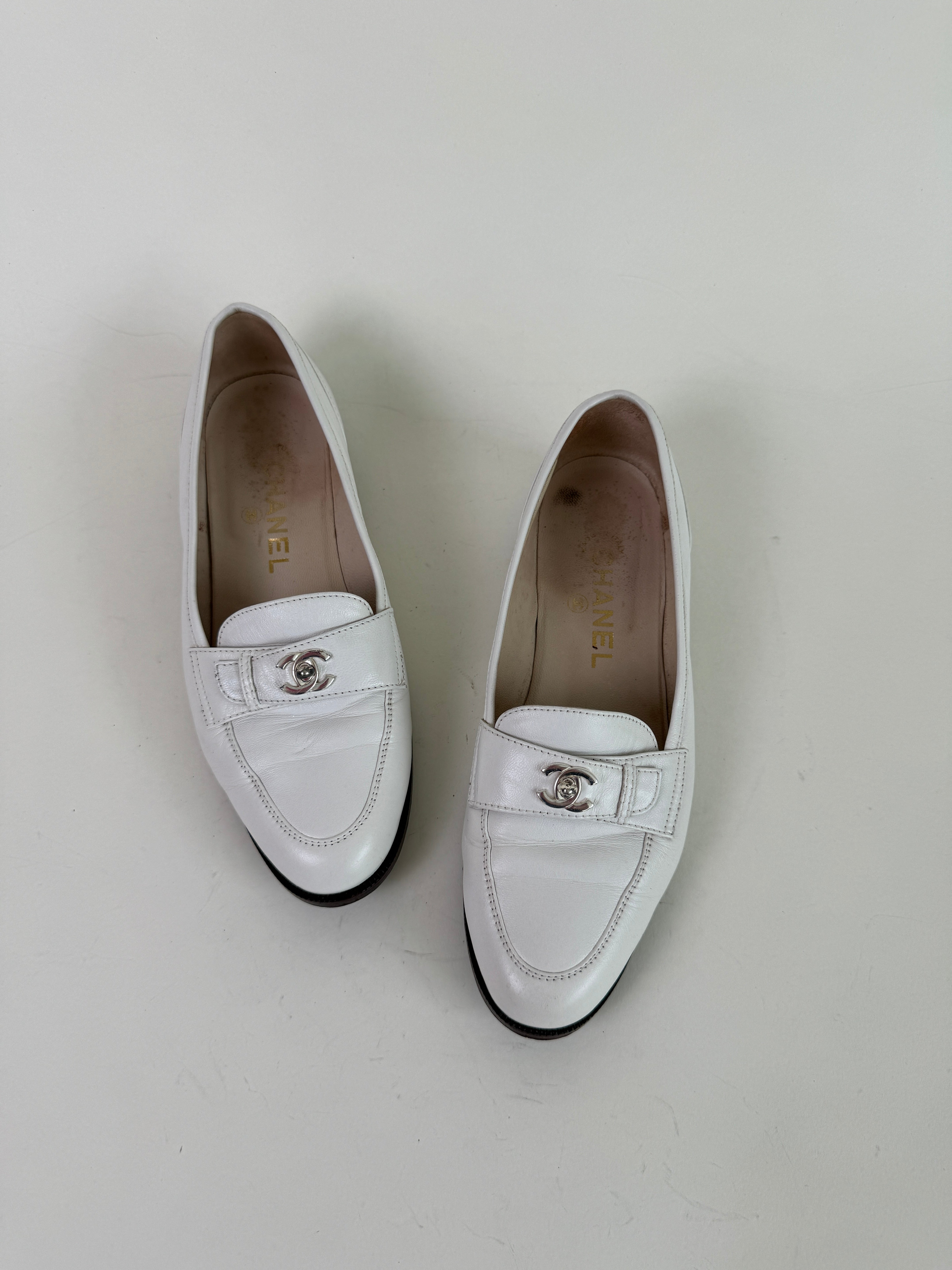 Vintage Chanel White Leather Loafers 38