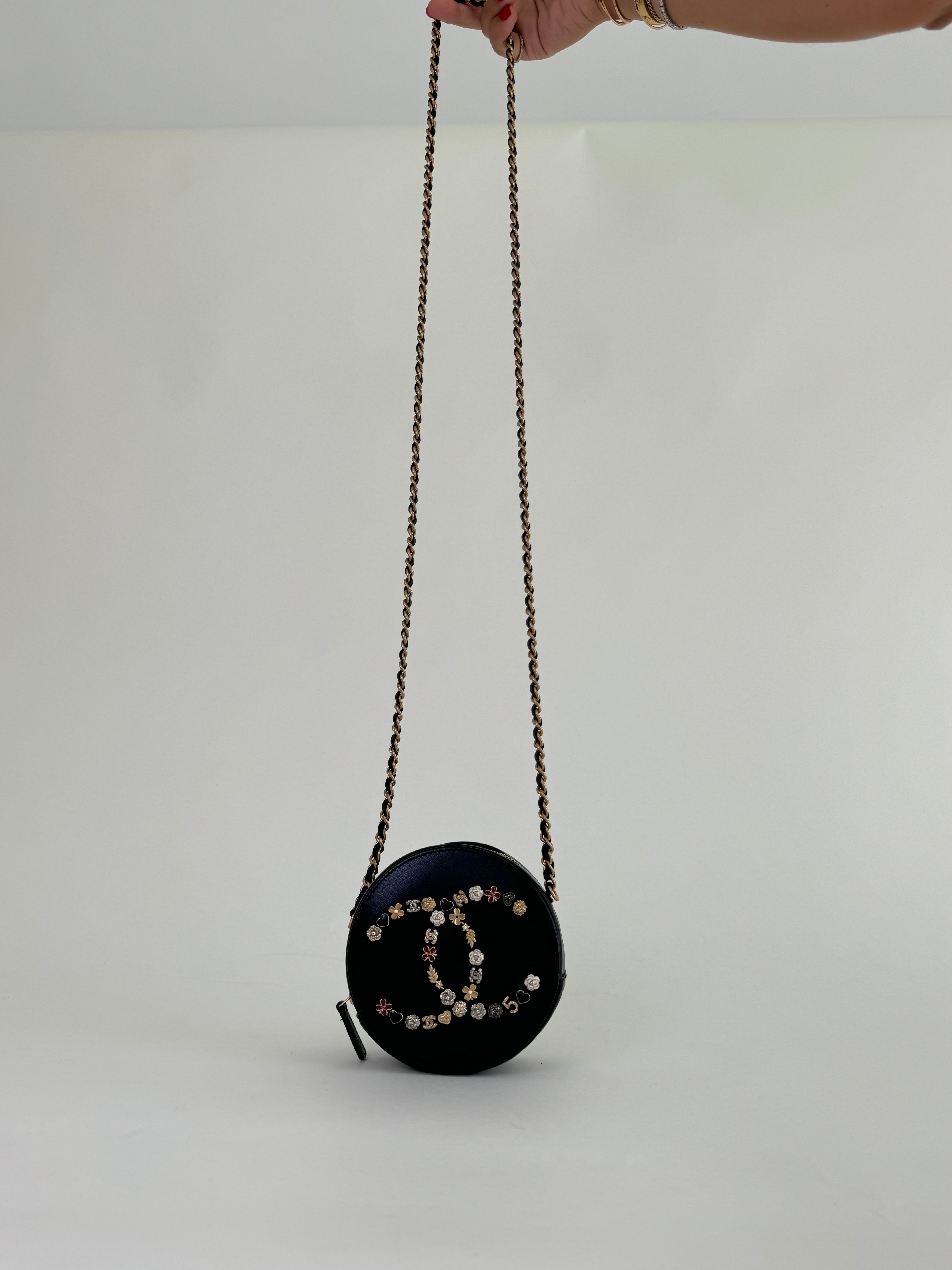 Chanel Black Studded Lambskin CC Round Shoulder Bag