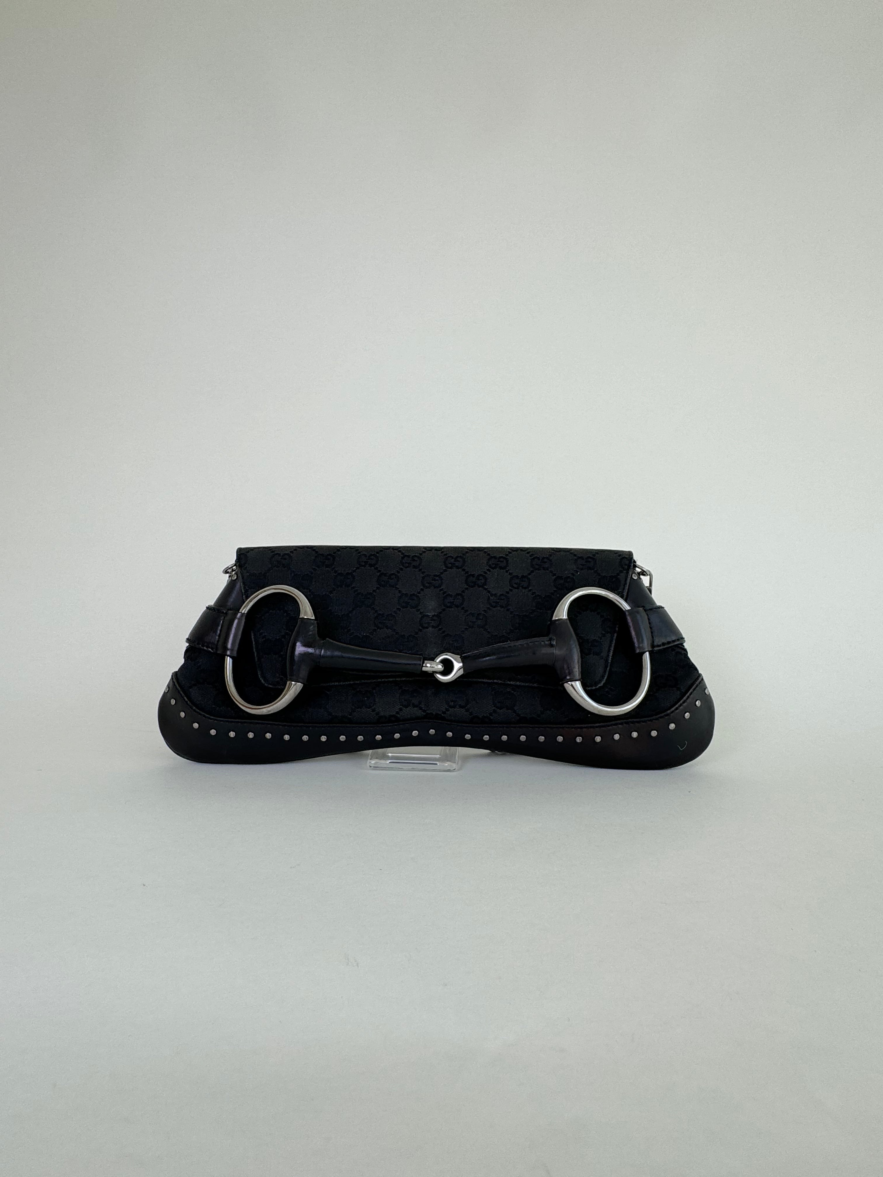 Gucci Horsebit Black Canvas Clutch/Shoulder Bag