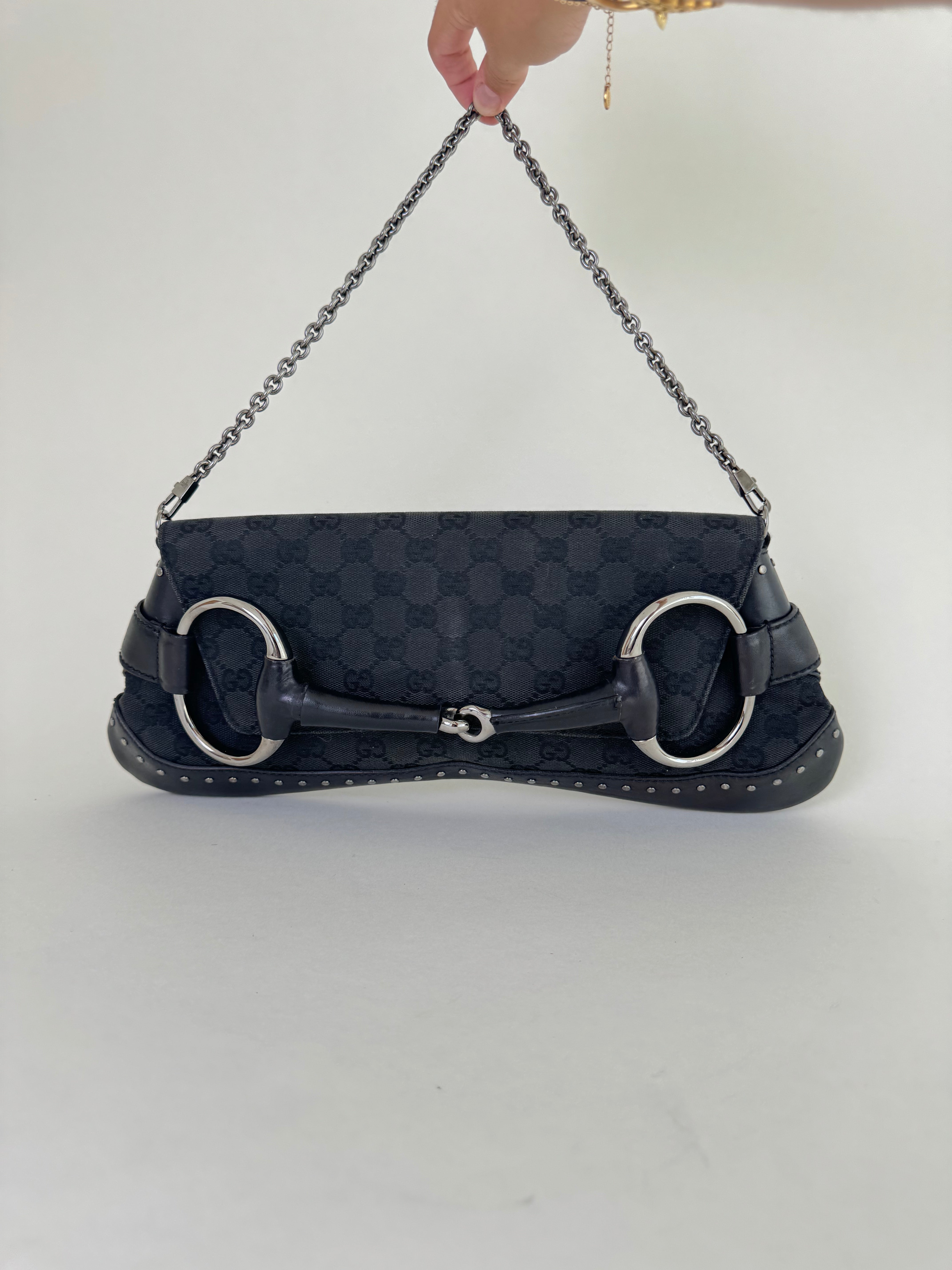 Gucci Horsebit Black Canvas Clutch/Shoulder Bag