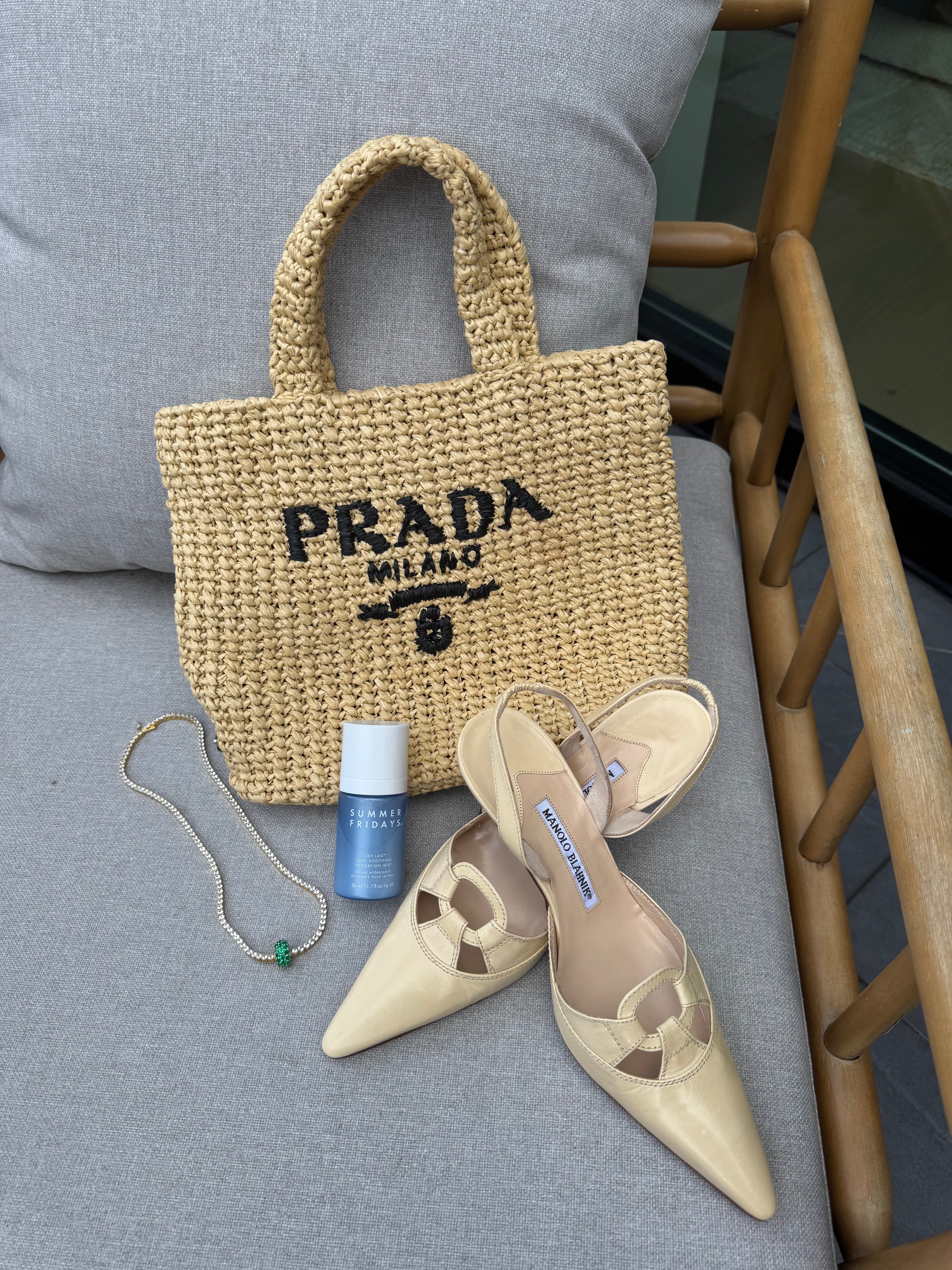 Prada Raffia Crochet Neutral Straw Tote Bag