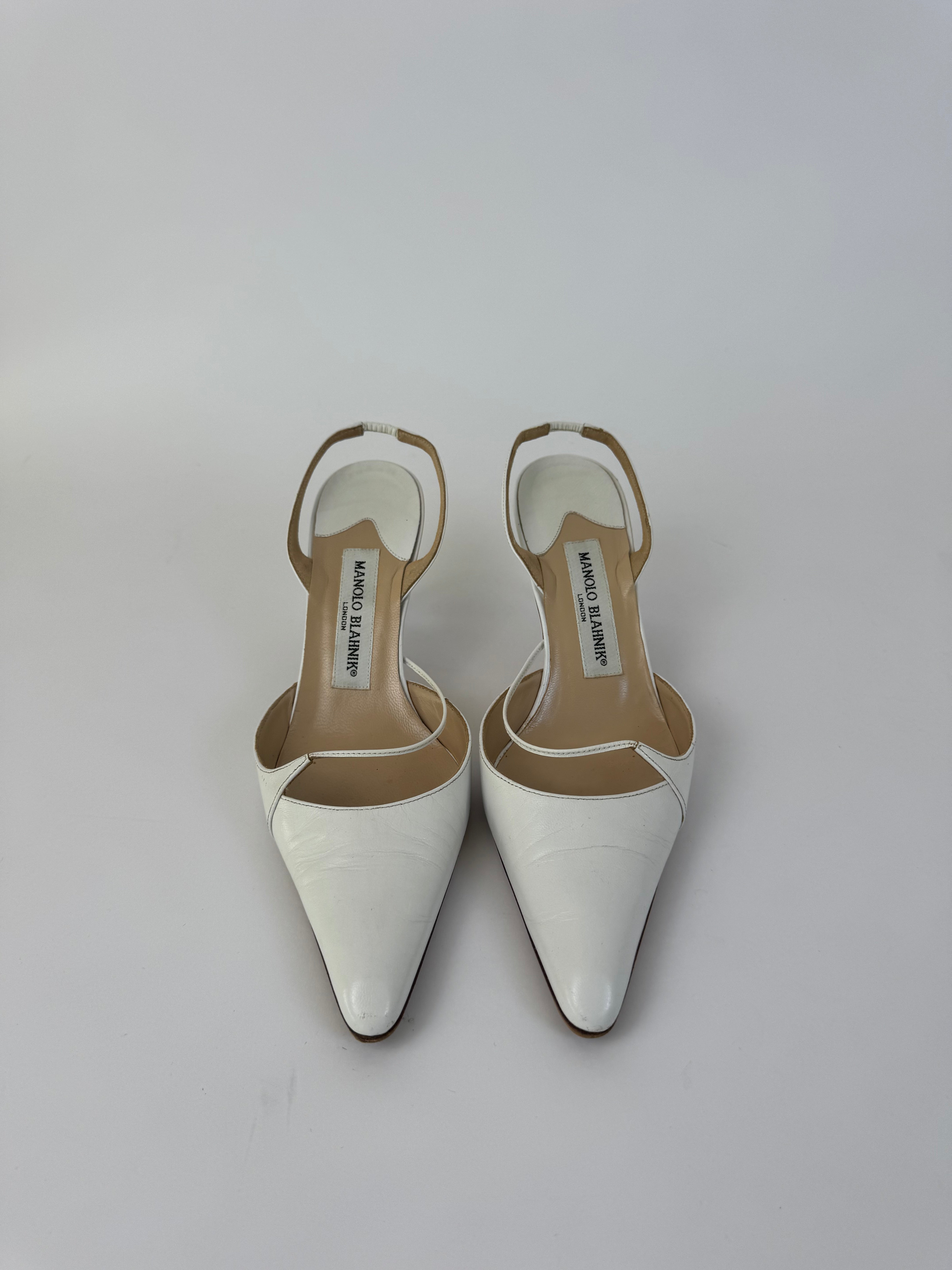 Manolo Blahnik White Leather Slingbacks 37
