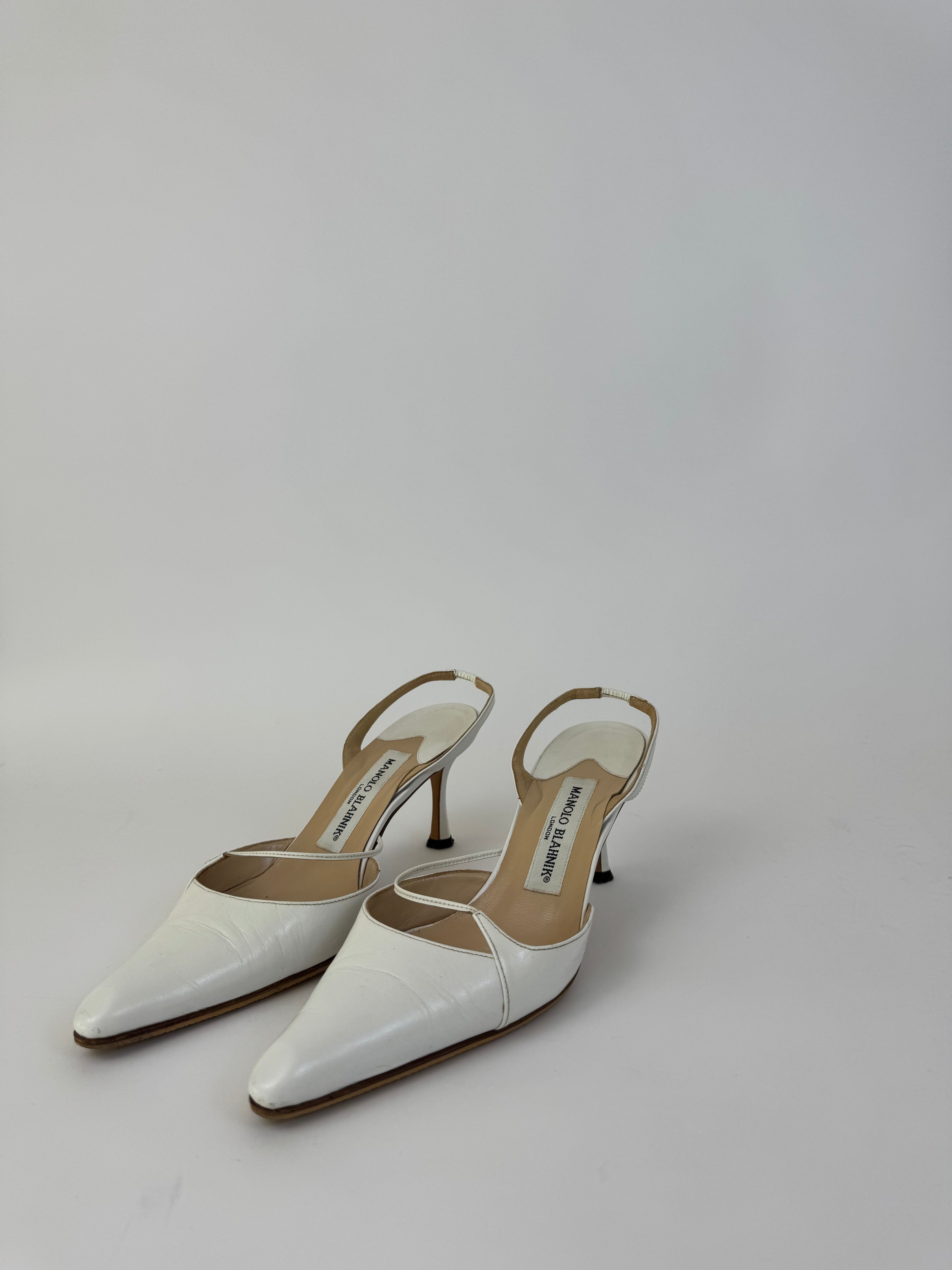 Manolo Blahnik White Leather Slingbacks 37