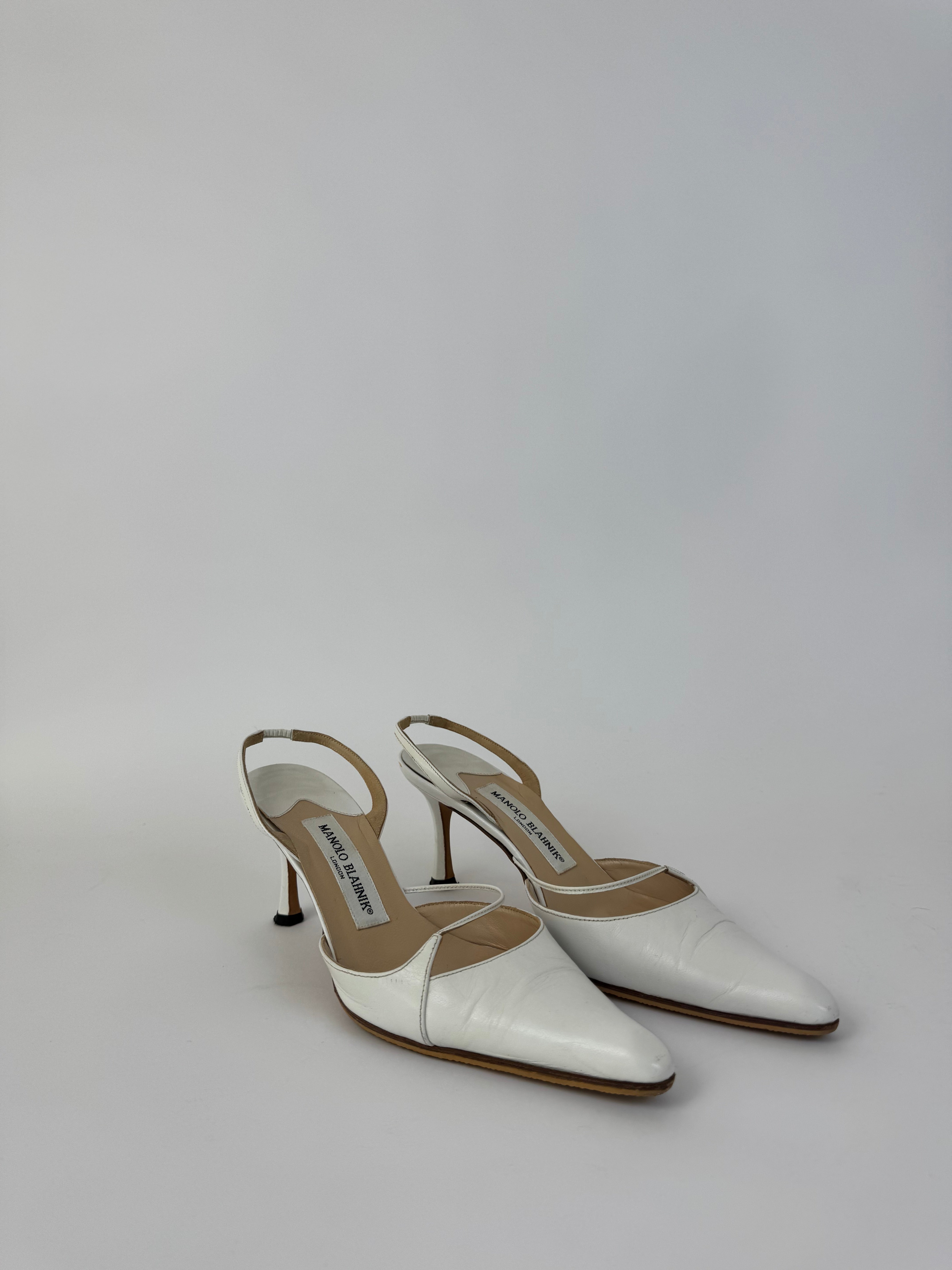 Manolo Blahnik White Leather Slingbacks 37