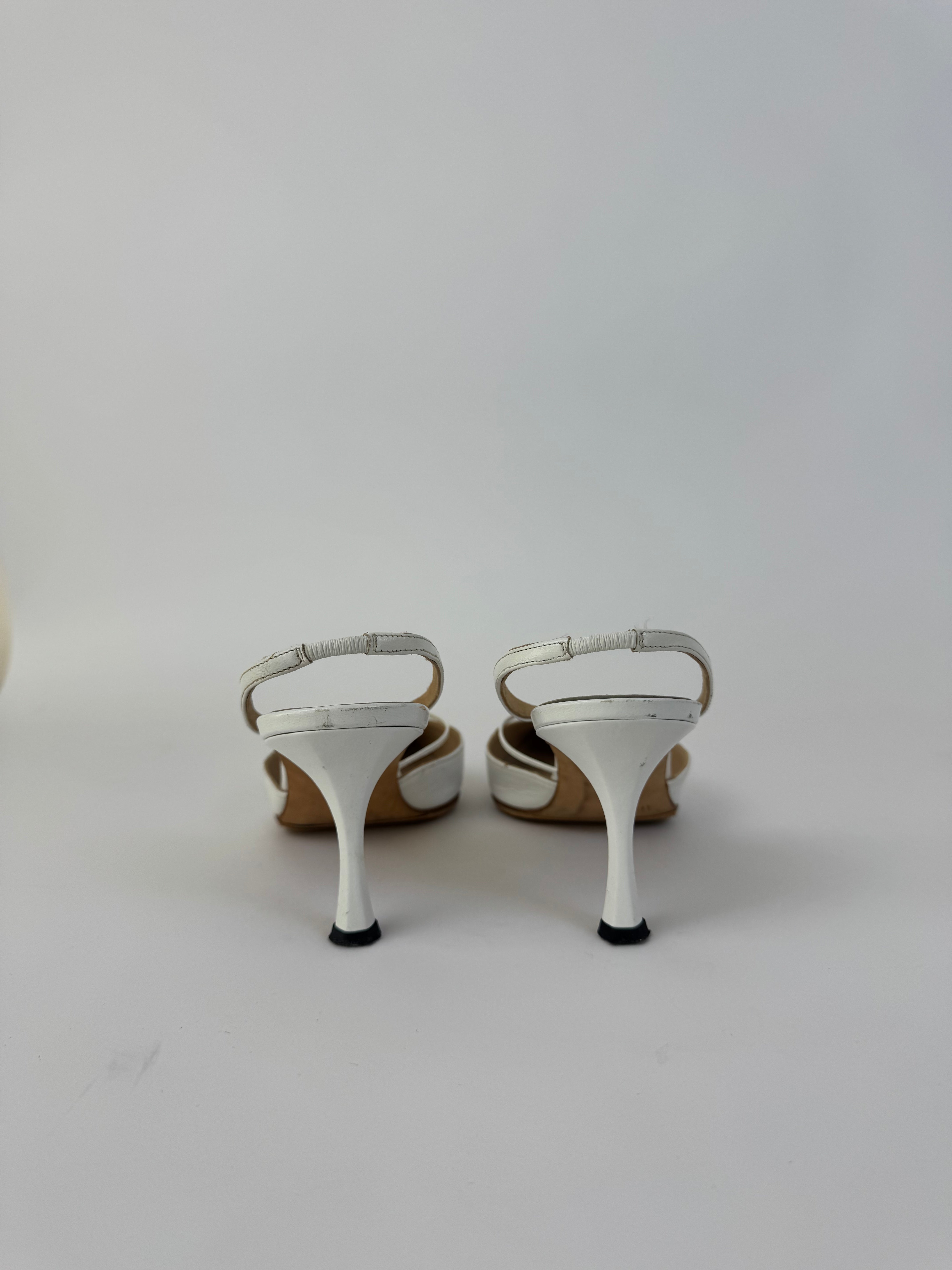 Manolo Blahnik White Leather Slingbacks 37
