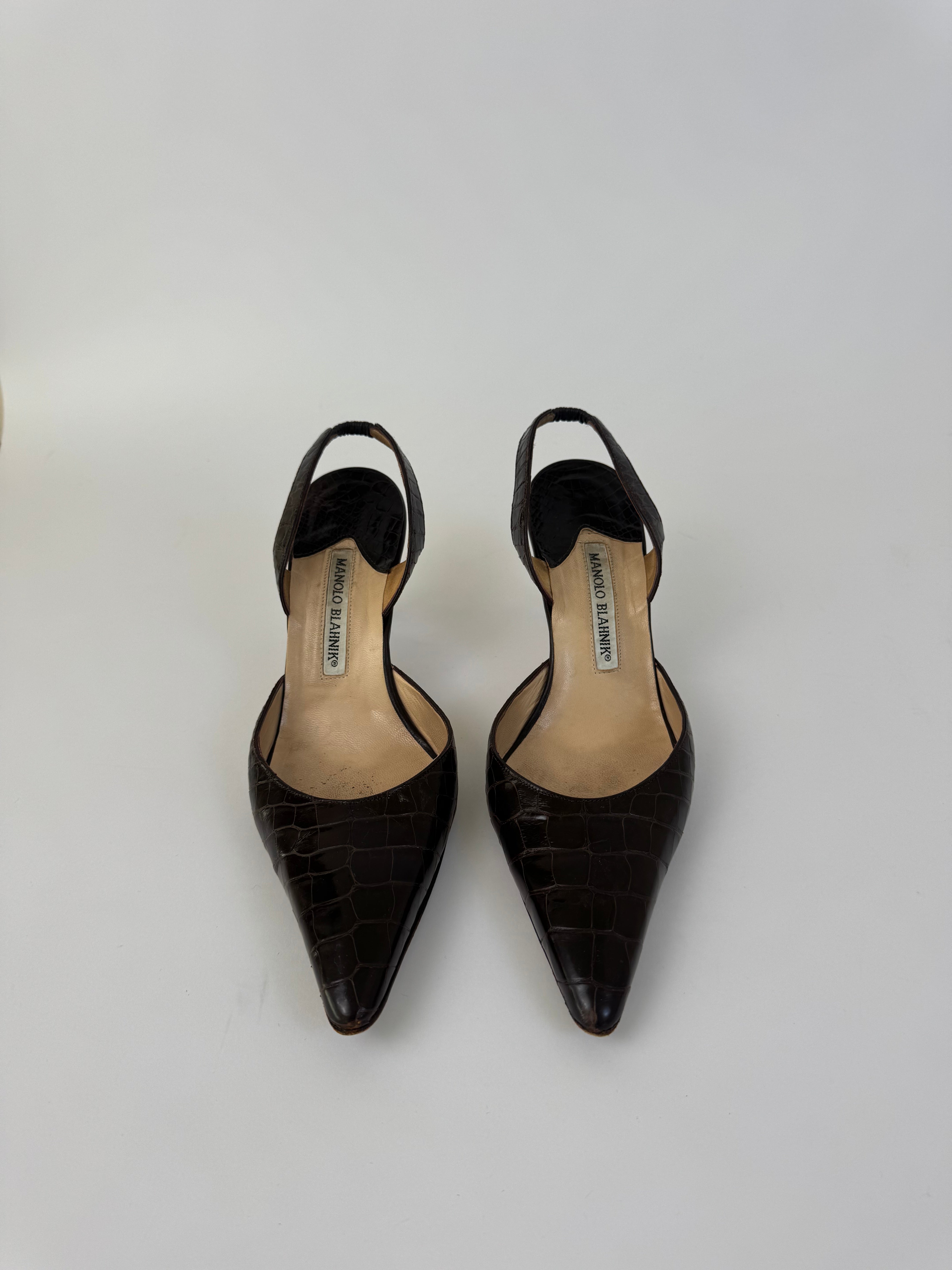 Manolo Blahnik Croc Slingbacks 38.5