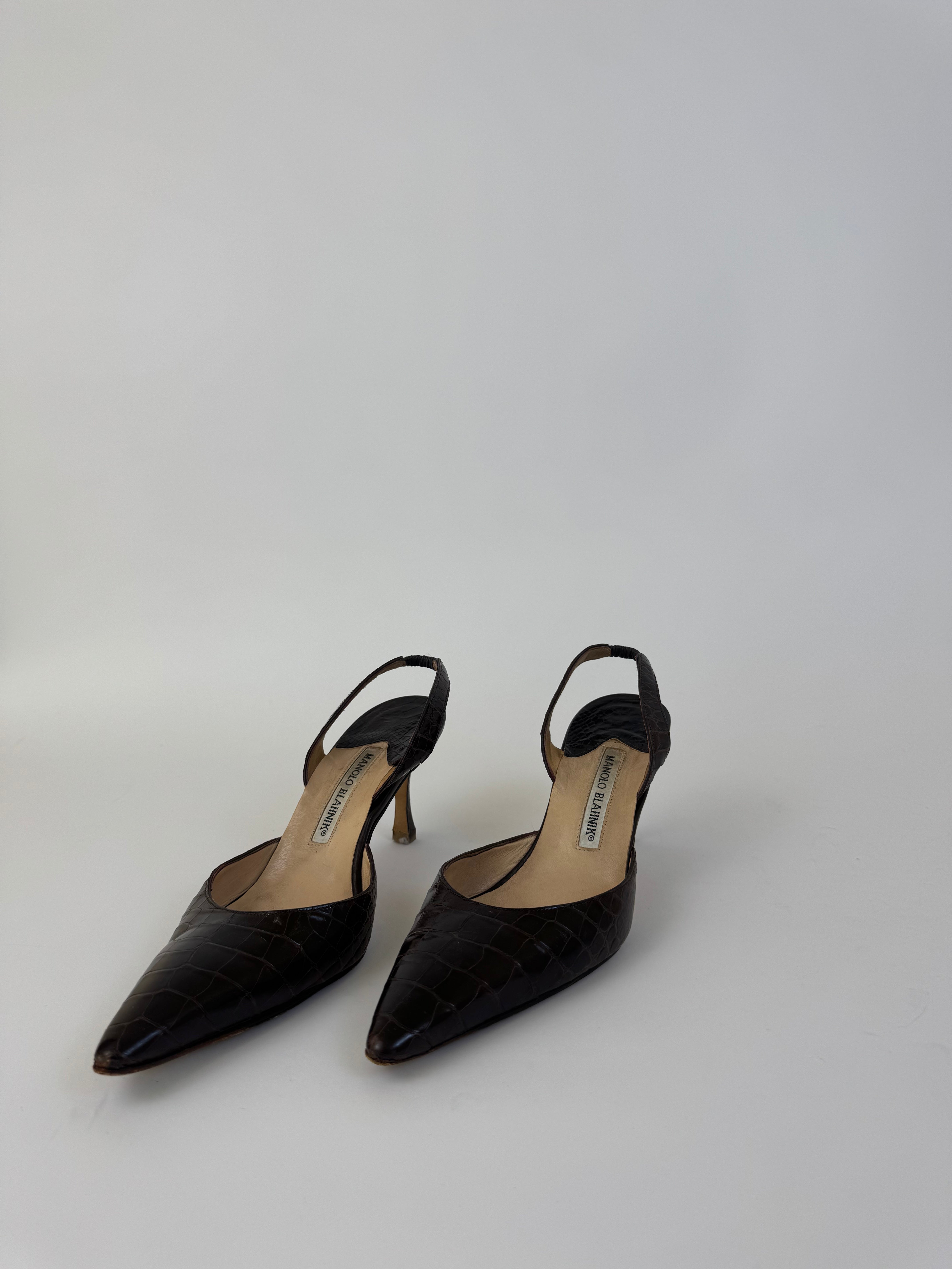 Manolo Blahnik Croc Slingbacks 38.5