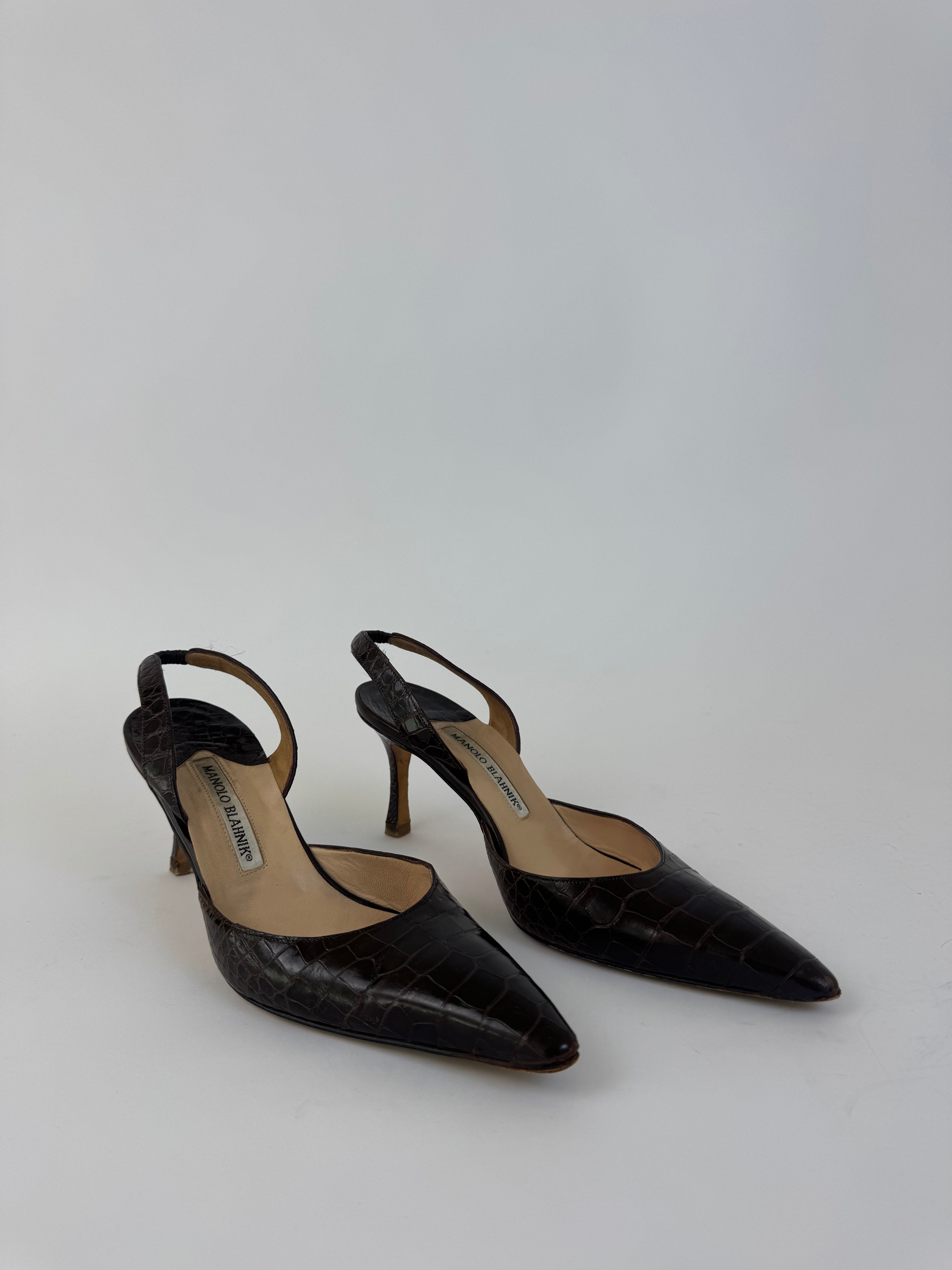 Manolo Blahnik Croc Slingbacks 38.5