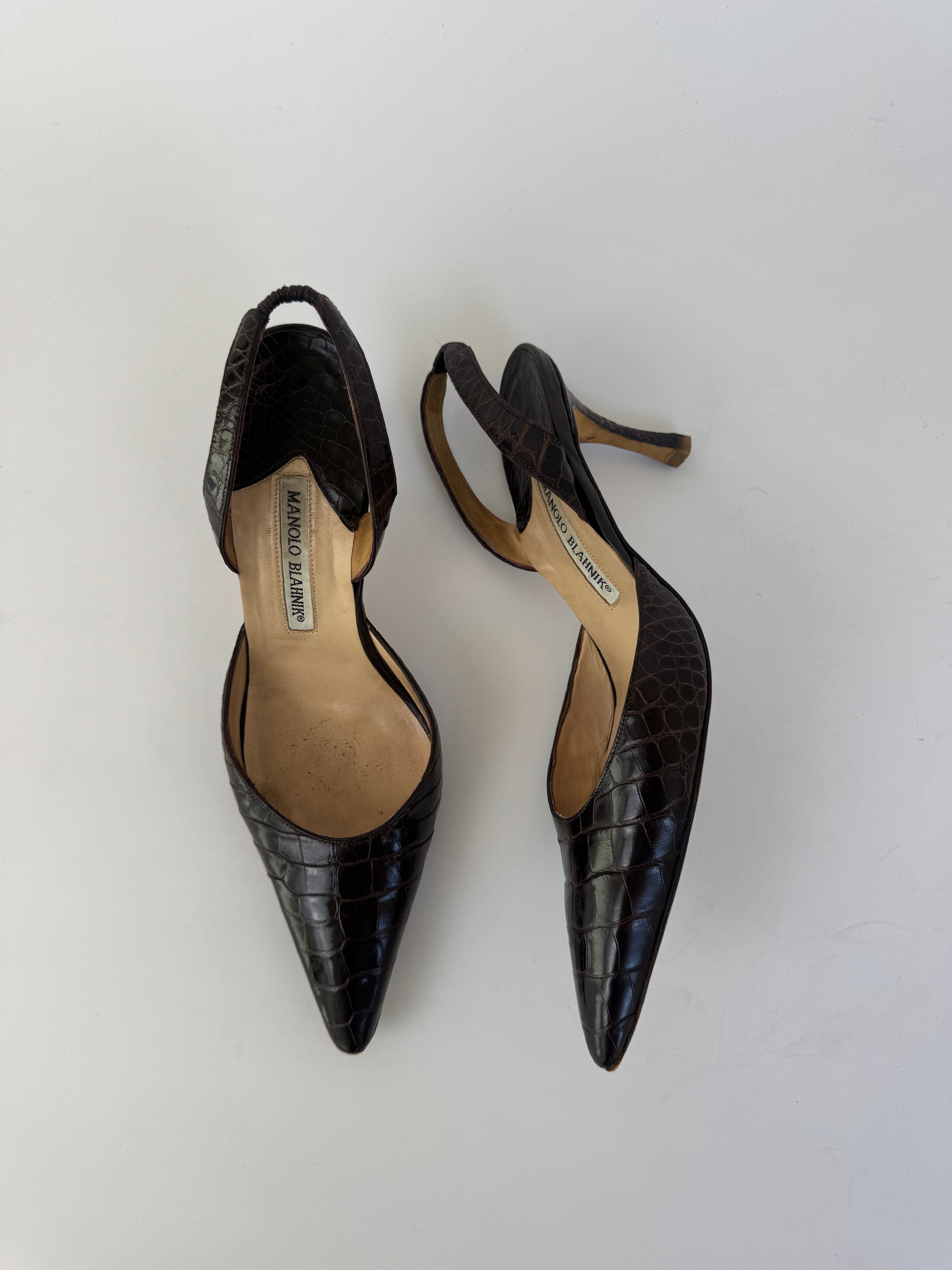 Manolo Blahnik Croc Slingbacks 38.5