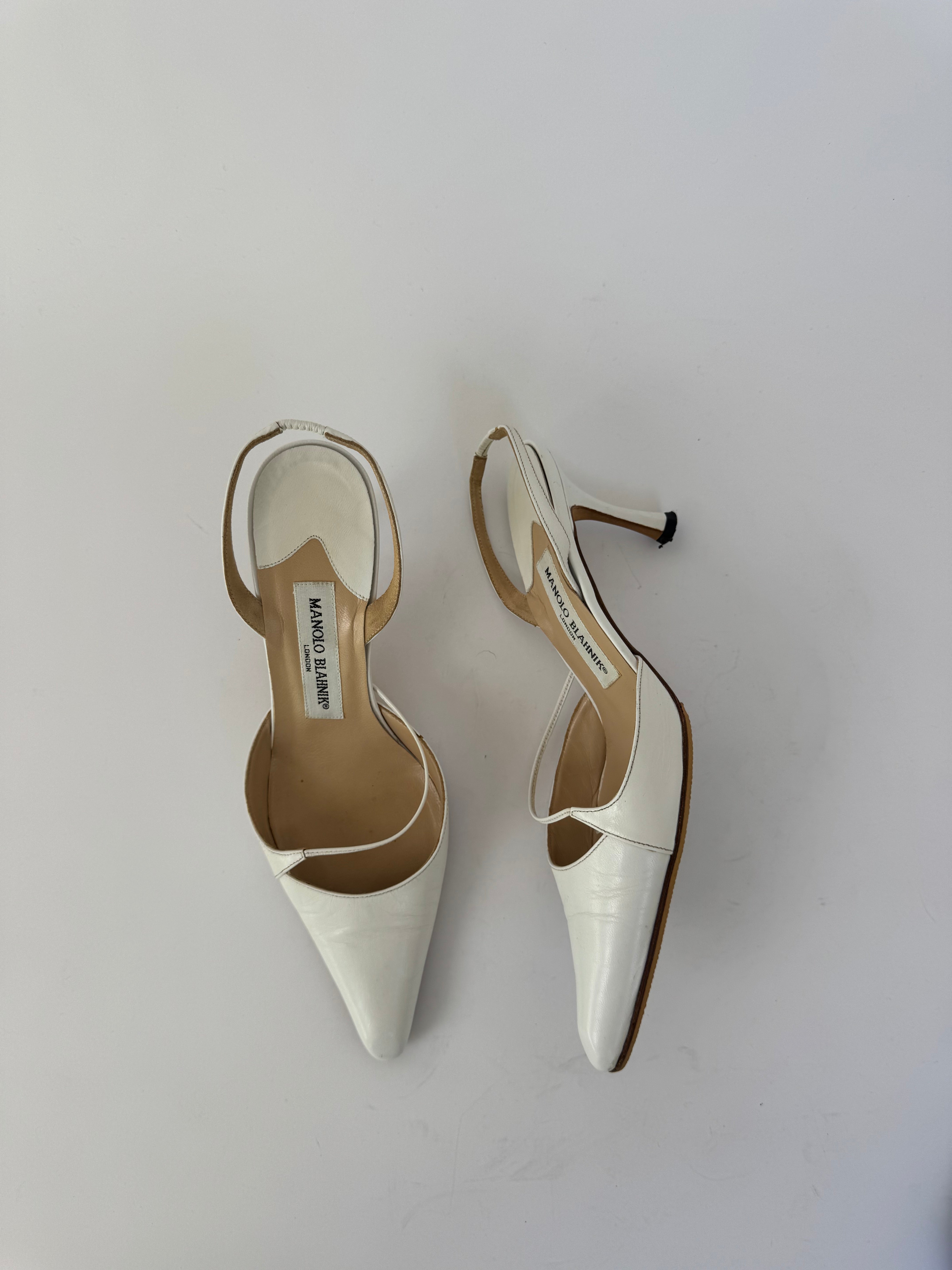 Manolo Blahnik White Leather Slingbacks 37