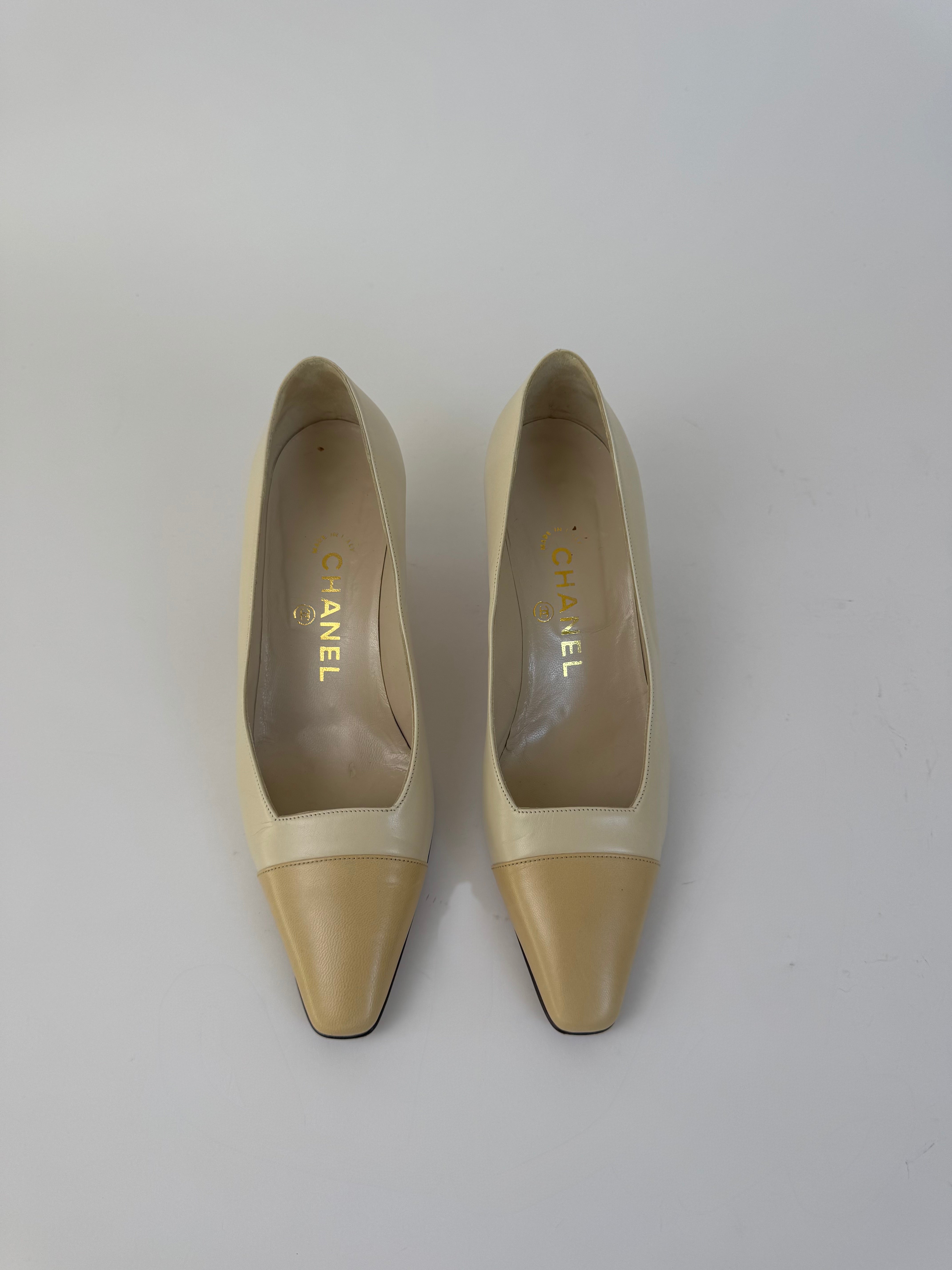 Chanel Beige Leather Cap Toe Pumps 37