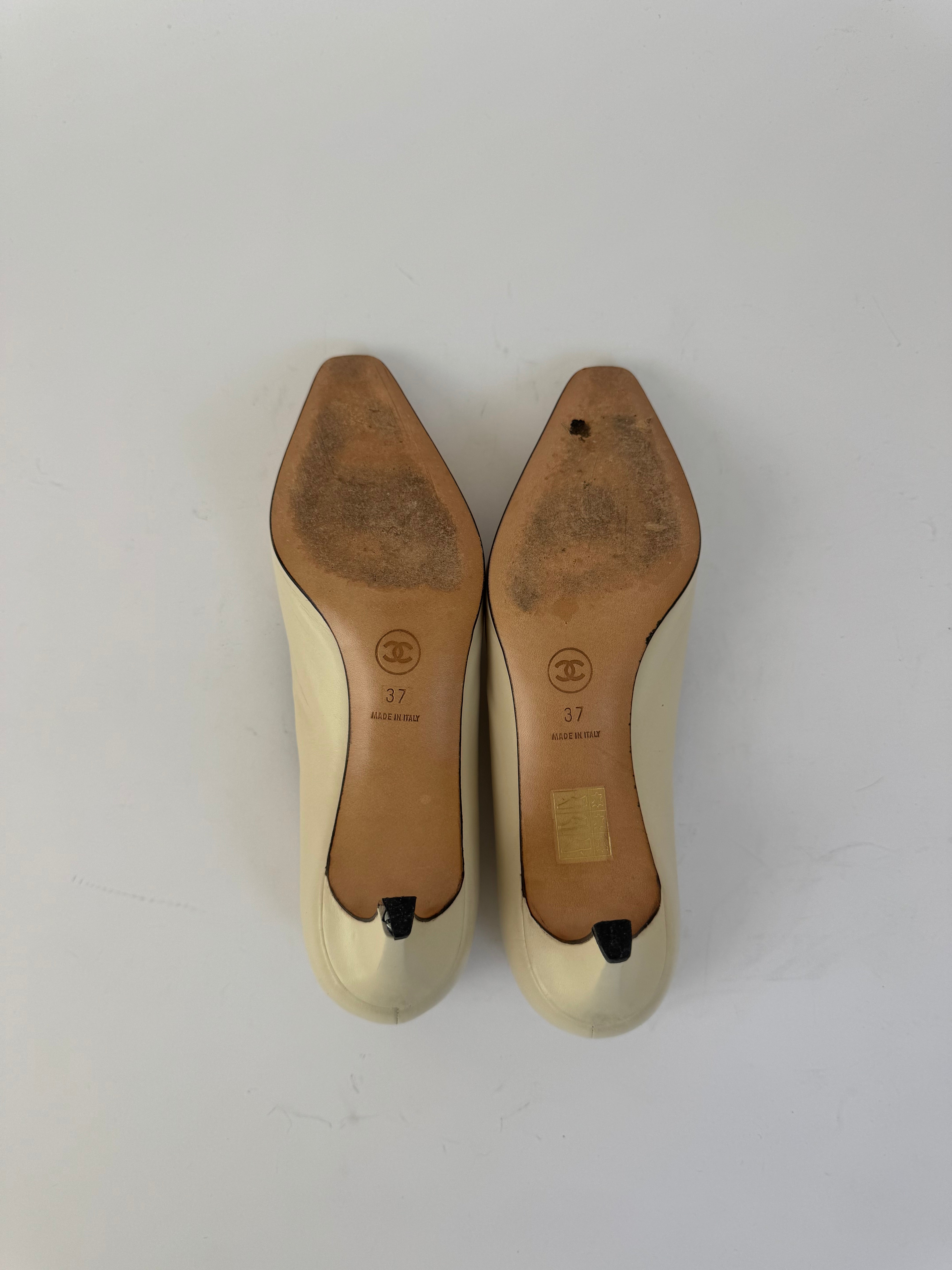 Chanel Beige Leather Cap Toe Pumps 37