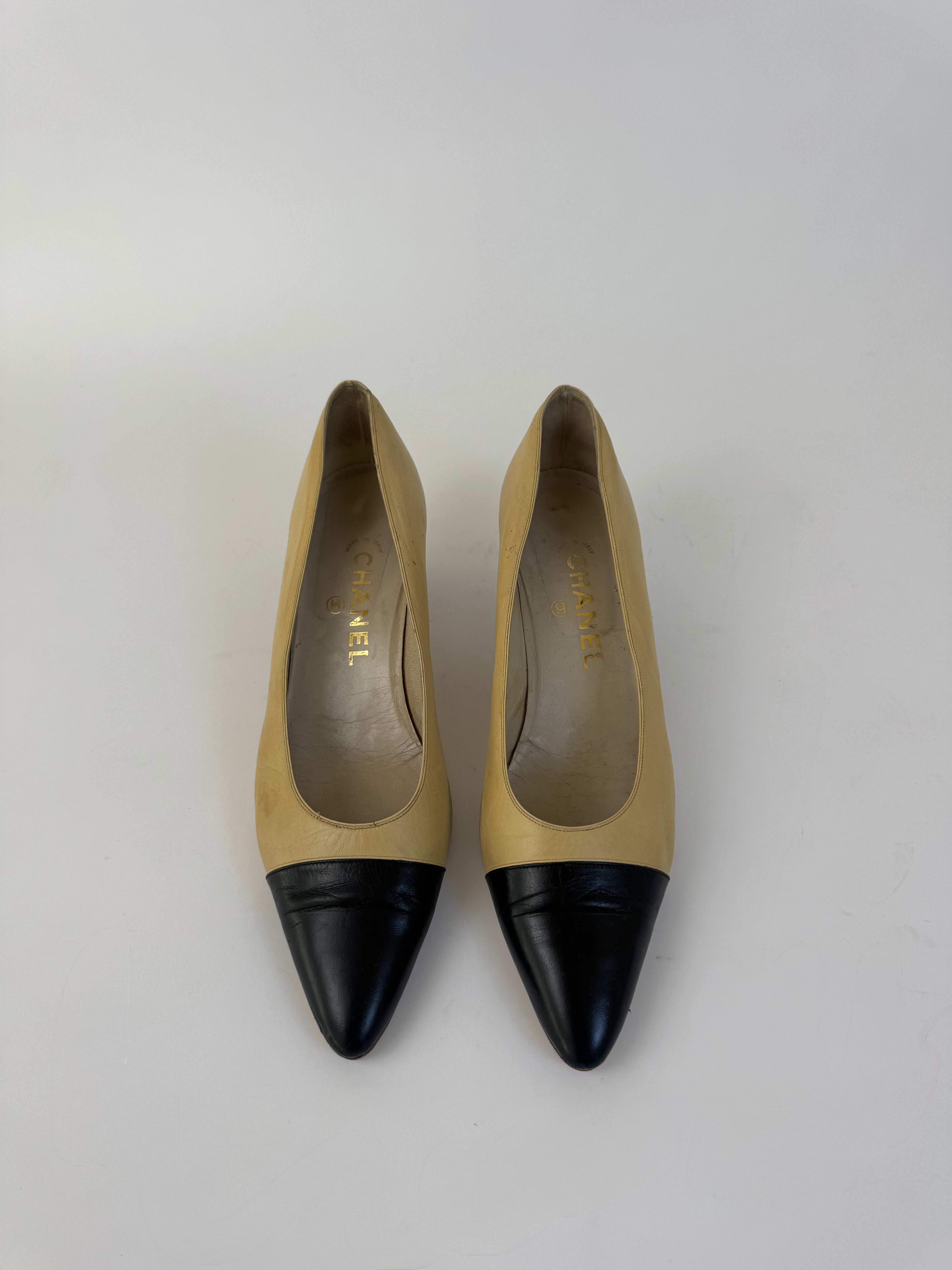 Chanel Beige and Black Cap Toe Pumps 9