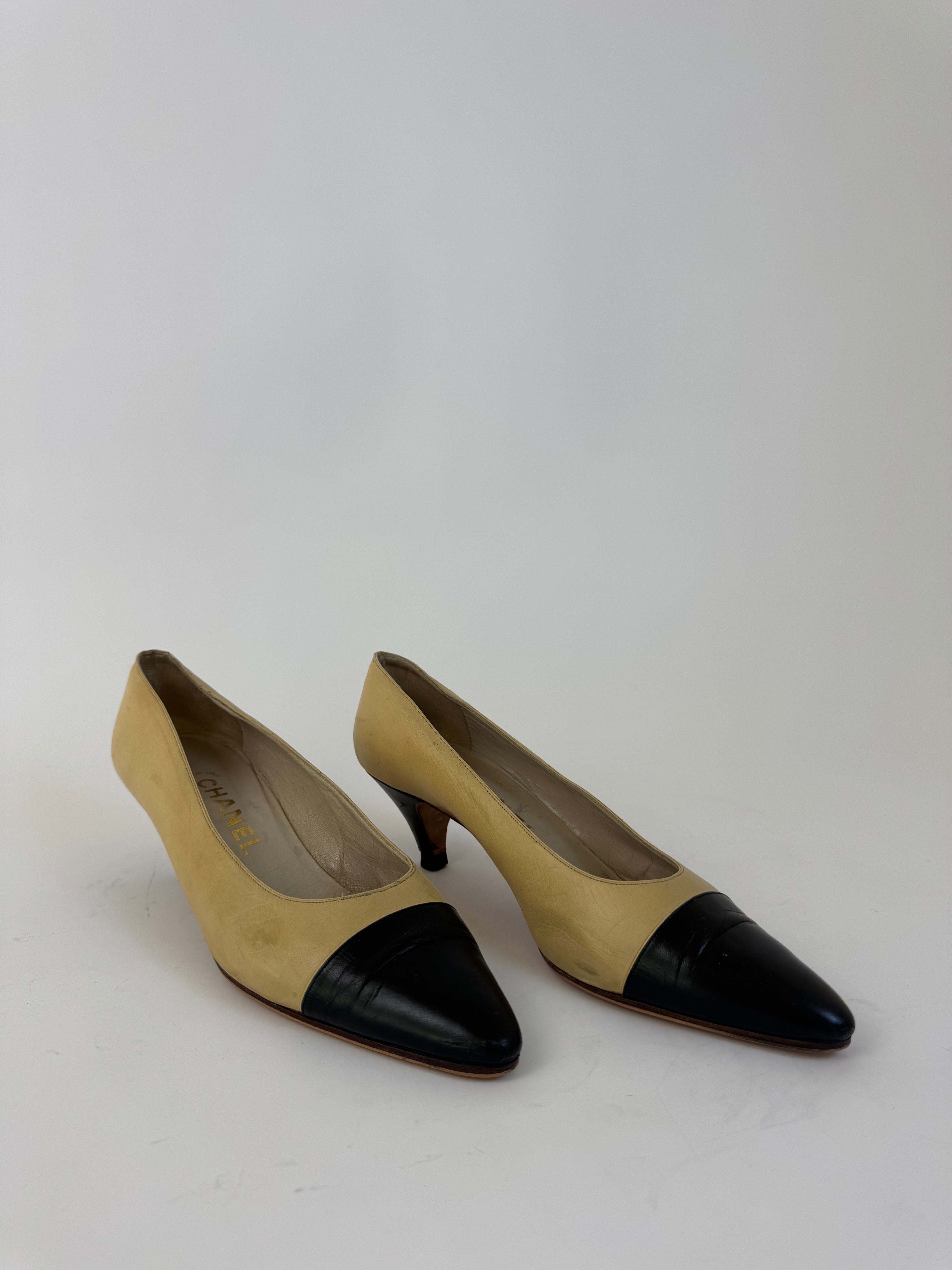 Chanel Beige and Black Cap Toe Pumps 9
