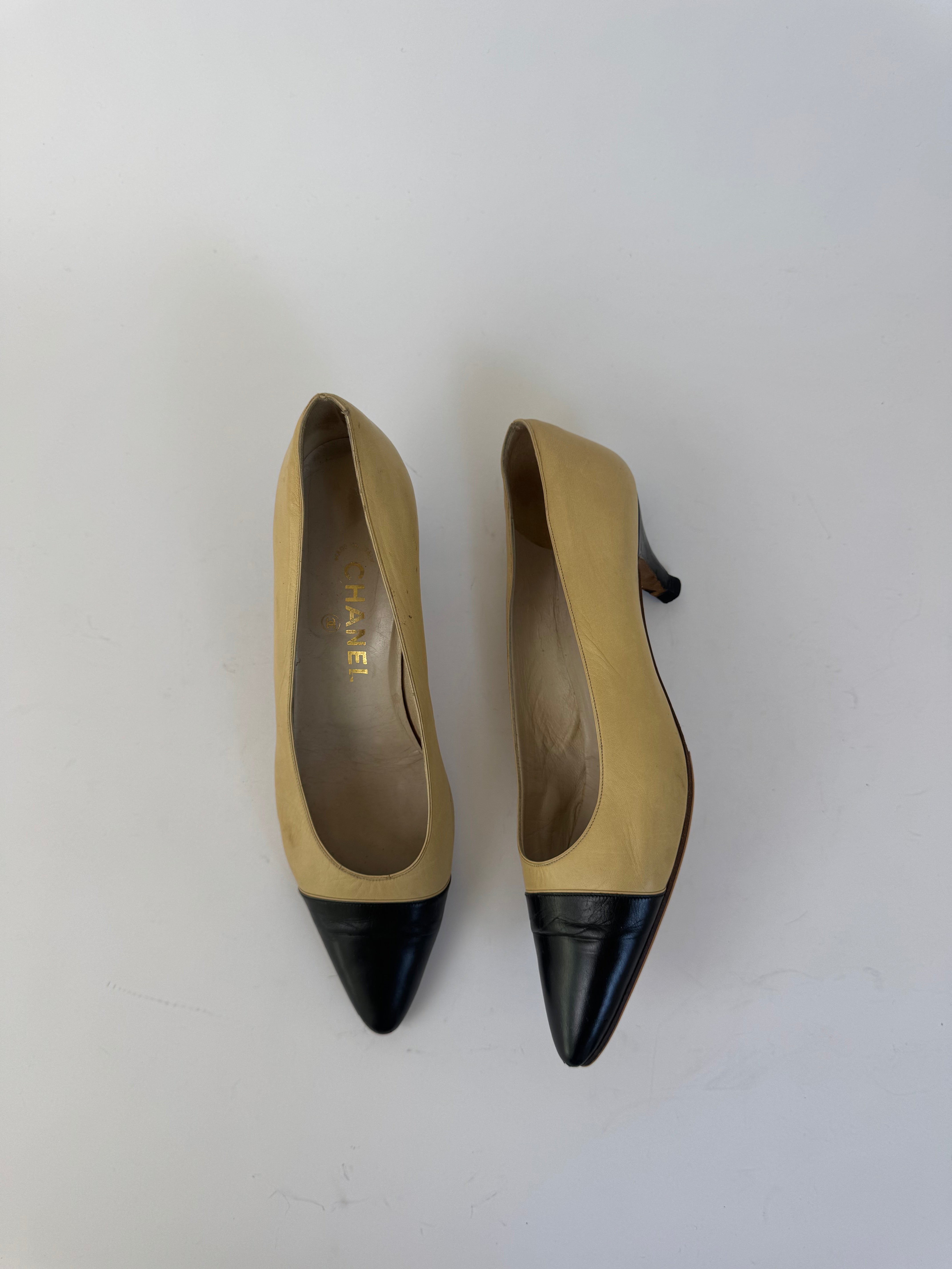 Chanel Beige and Black Cap Toe Pumps 9