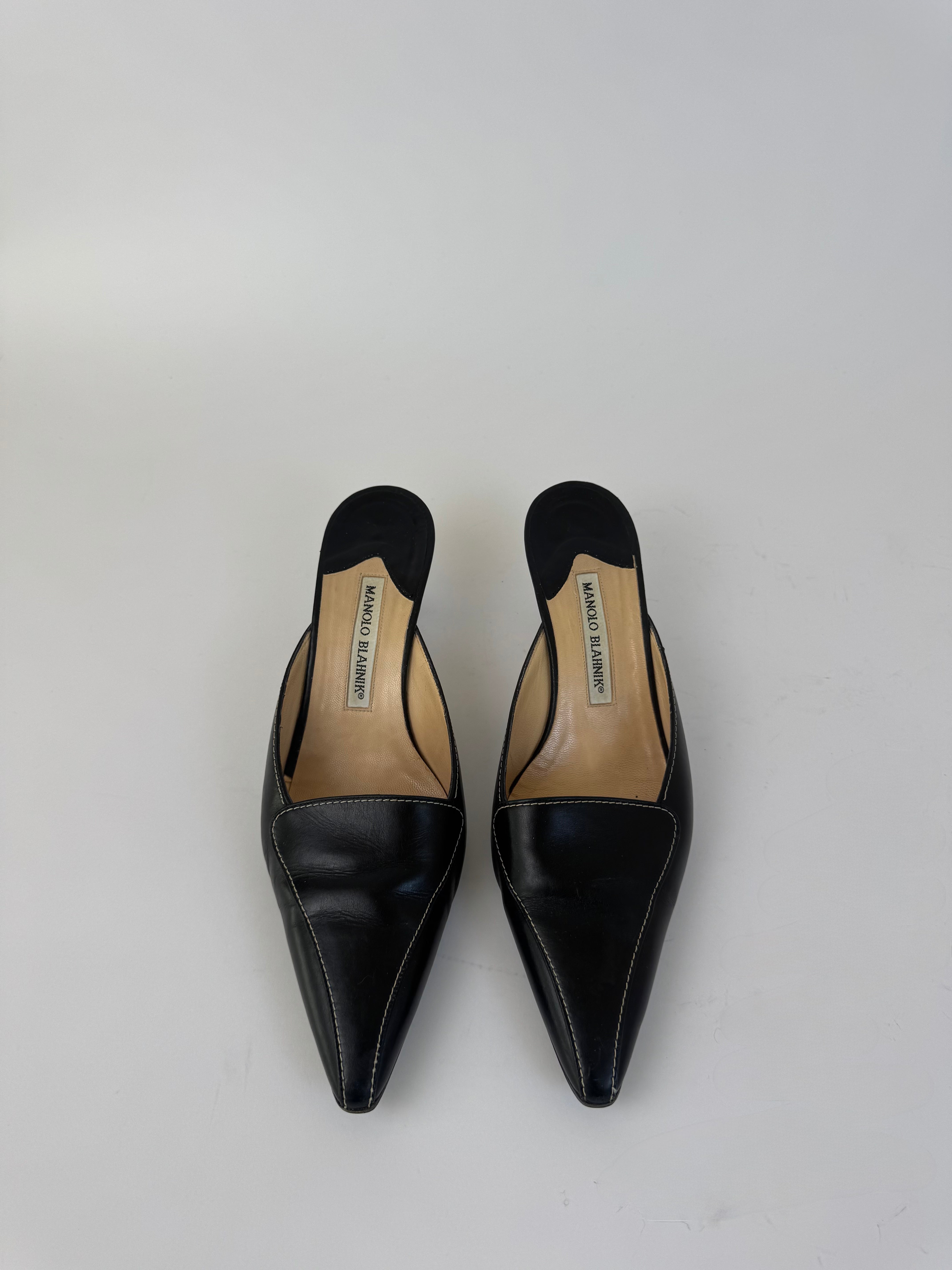 Manolo Blahnik Black Leather Mules 38.5