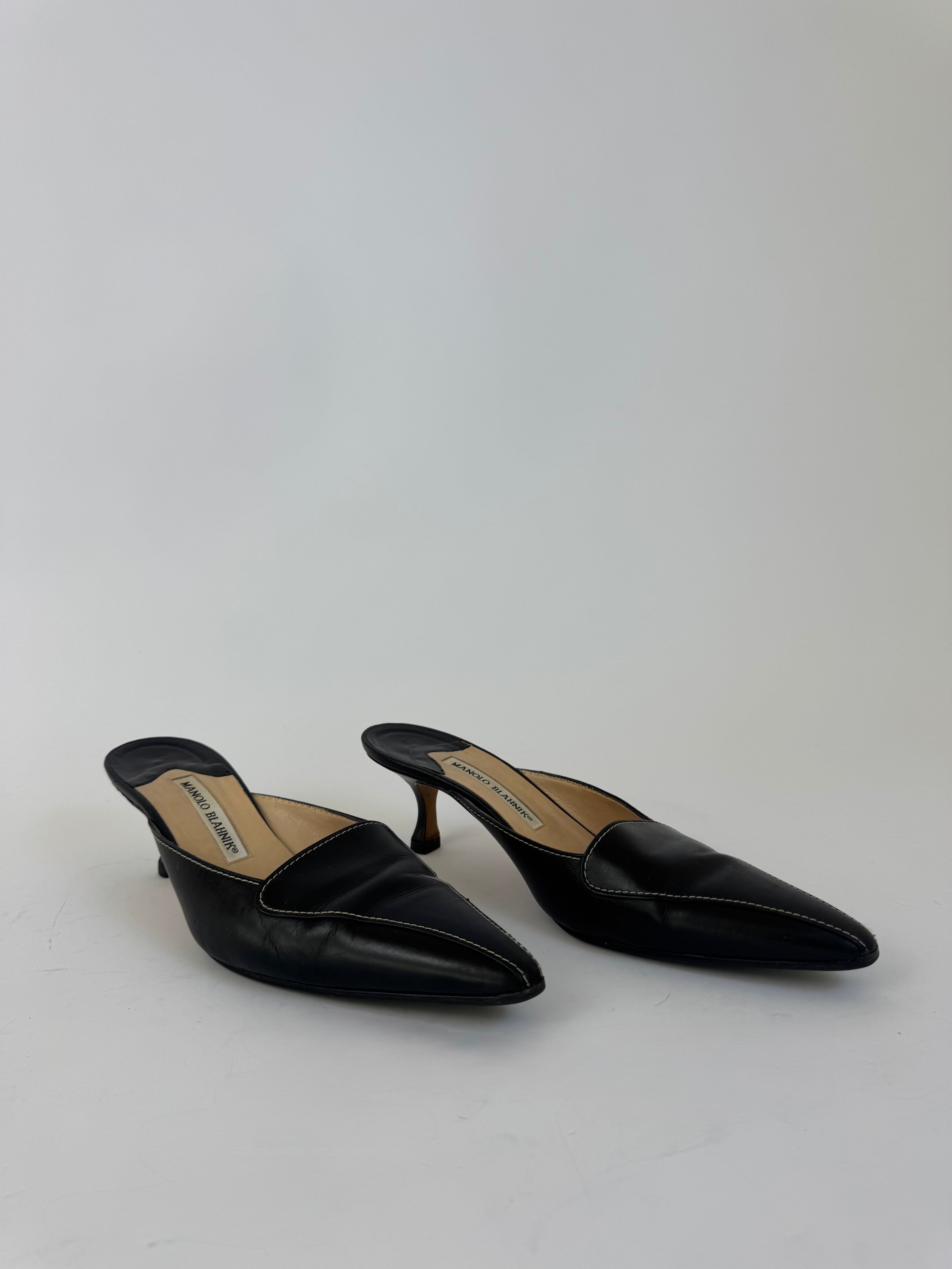 Manolo Blahnik Black Leather Mules 38.5