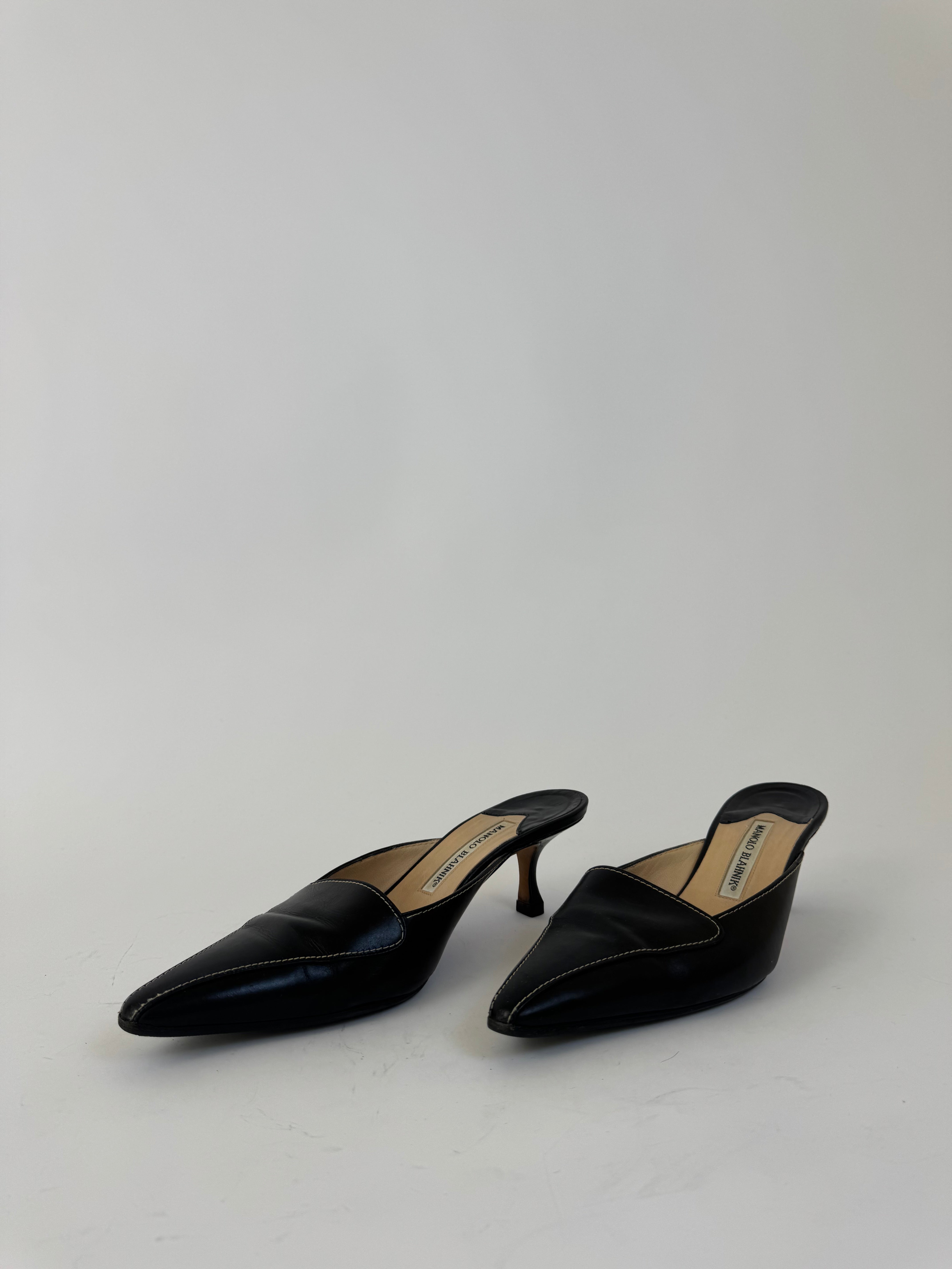 Manolo Blahnik Black Leather Mules 38.5