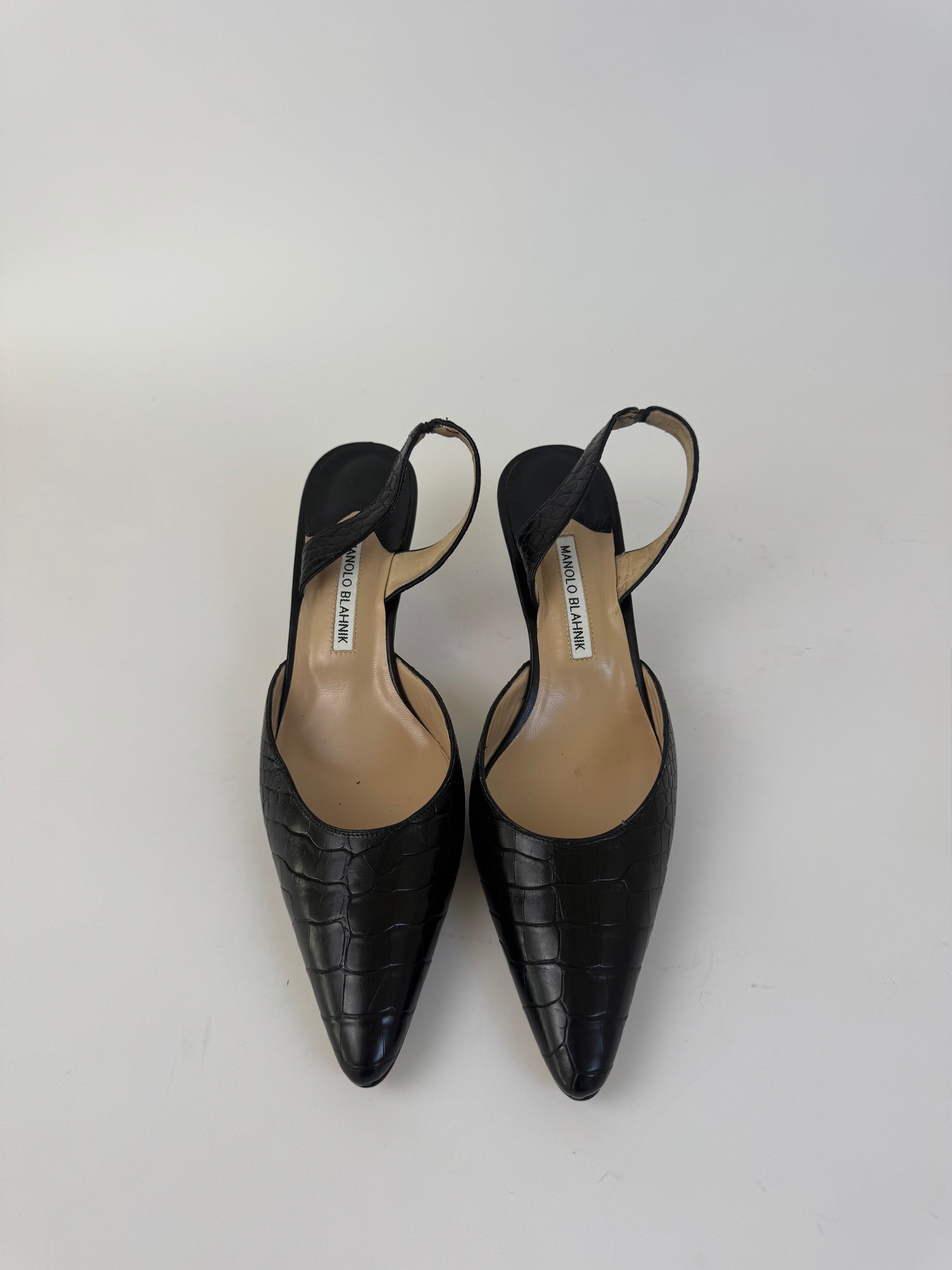 Manolo Blahnik Black Croc Slingbacks 41