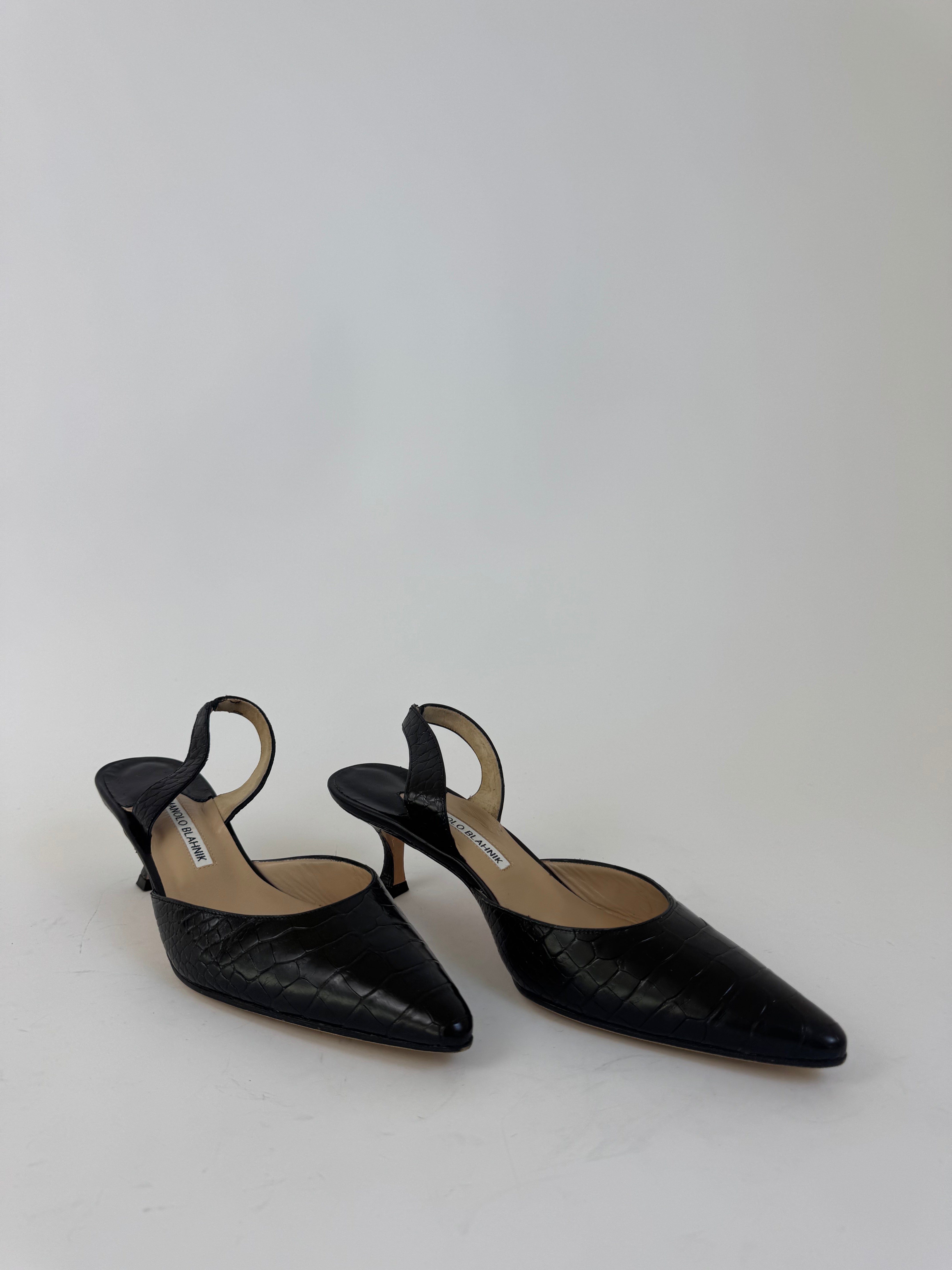 Manolo Blahnik Black Croc Slingbacks 41