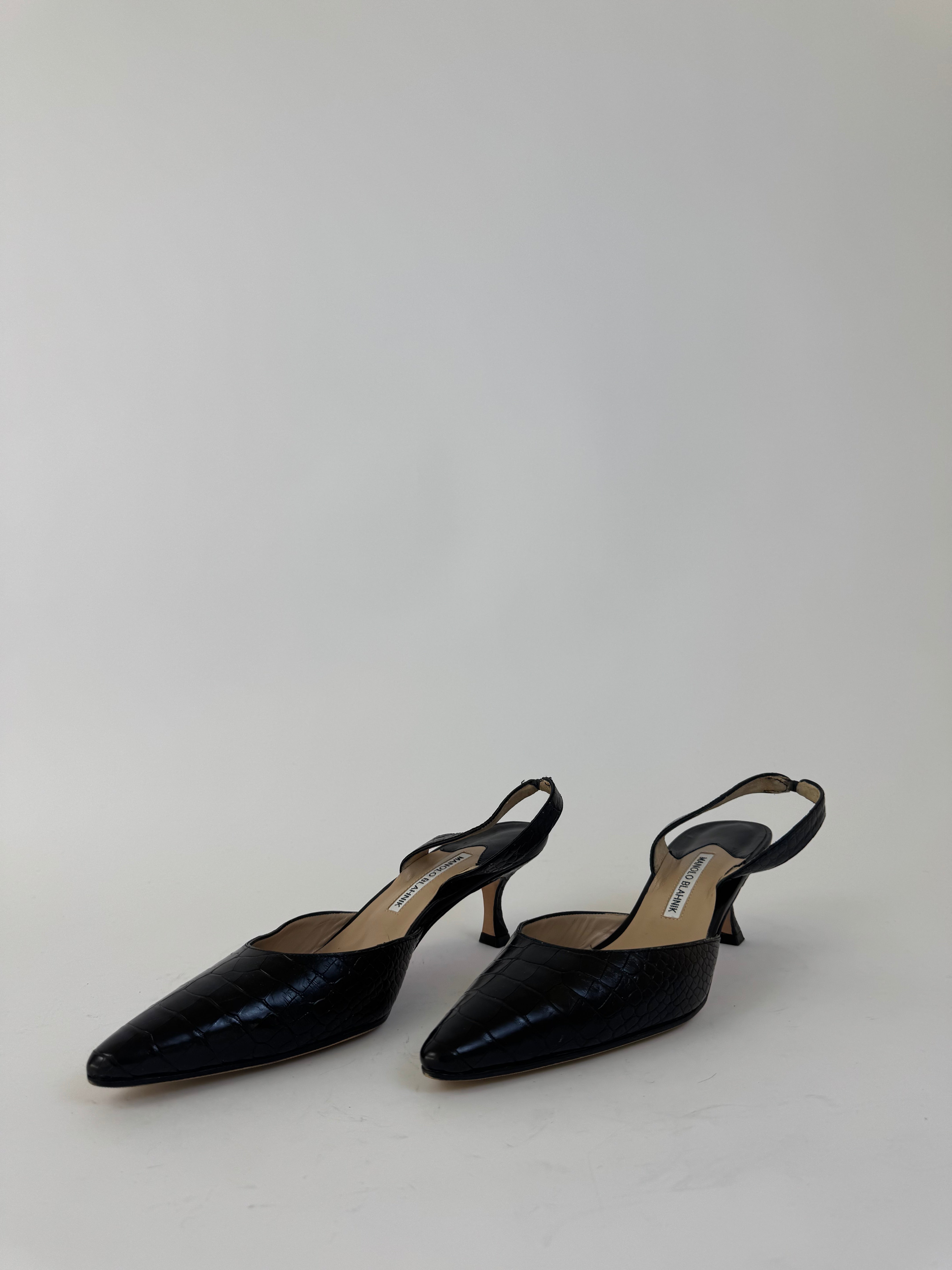 Manolo Blahnik Black Croc Slingbacks 41