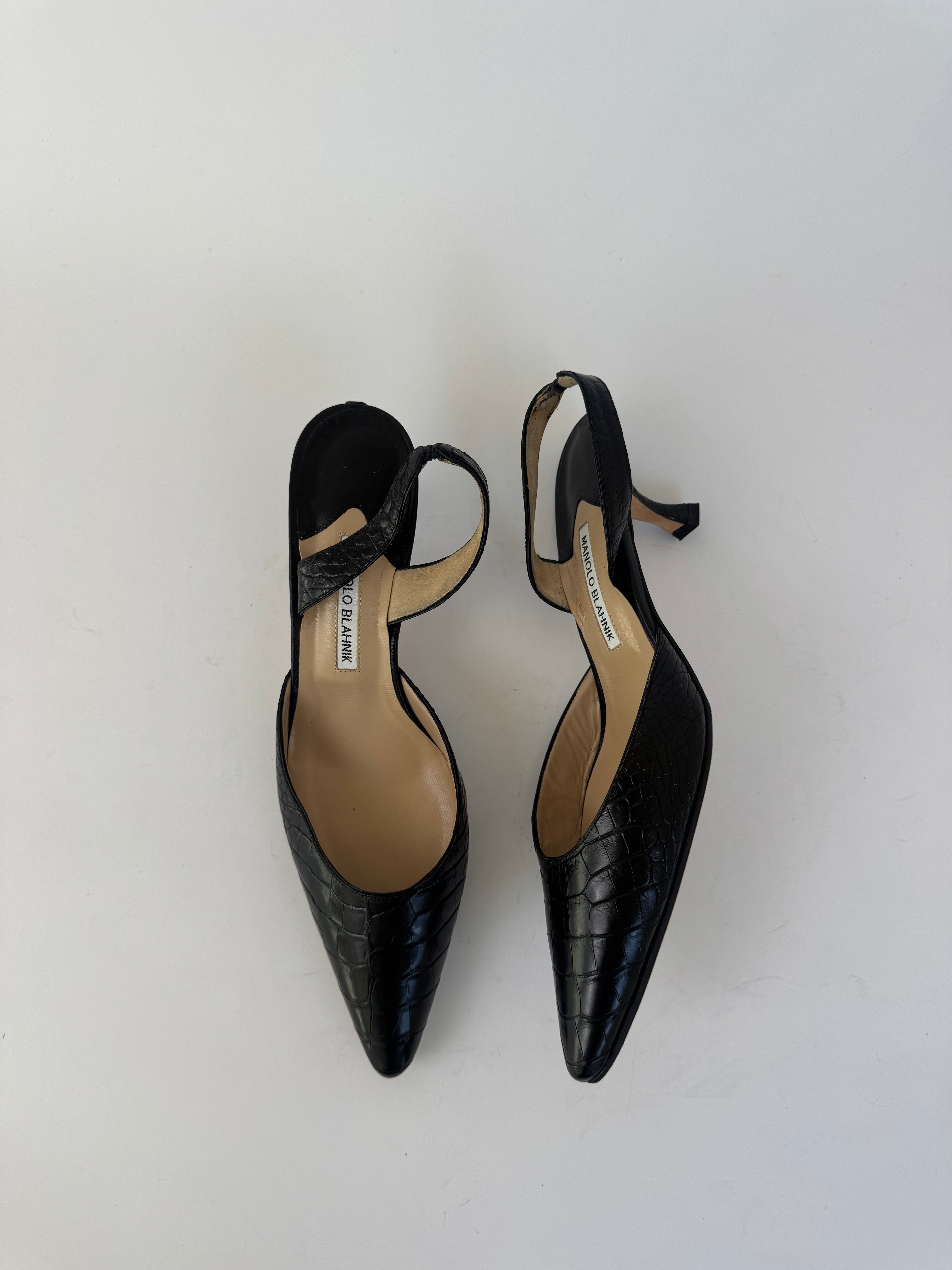 Manolo Blahnik Black Croc Slingbacks 41