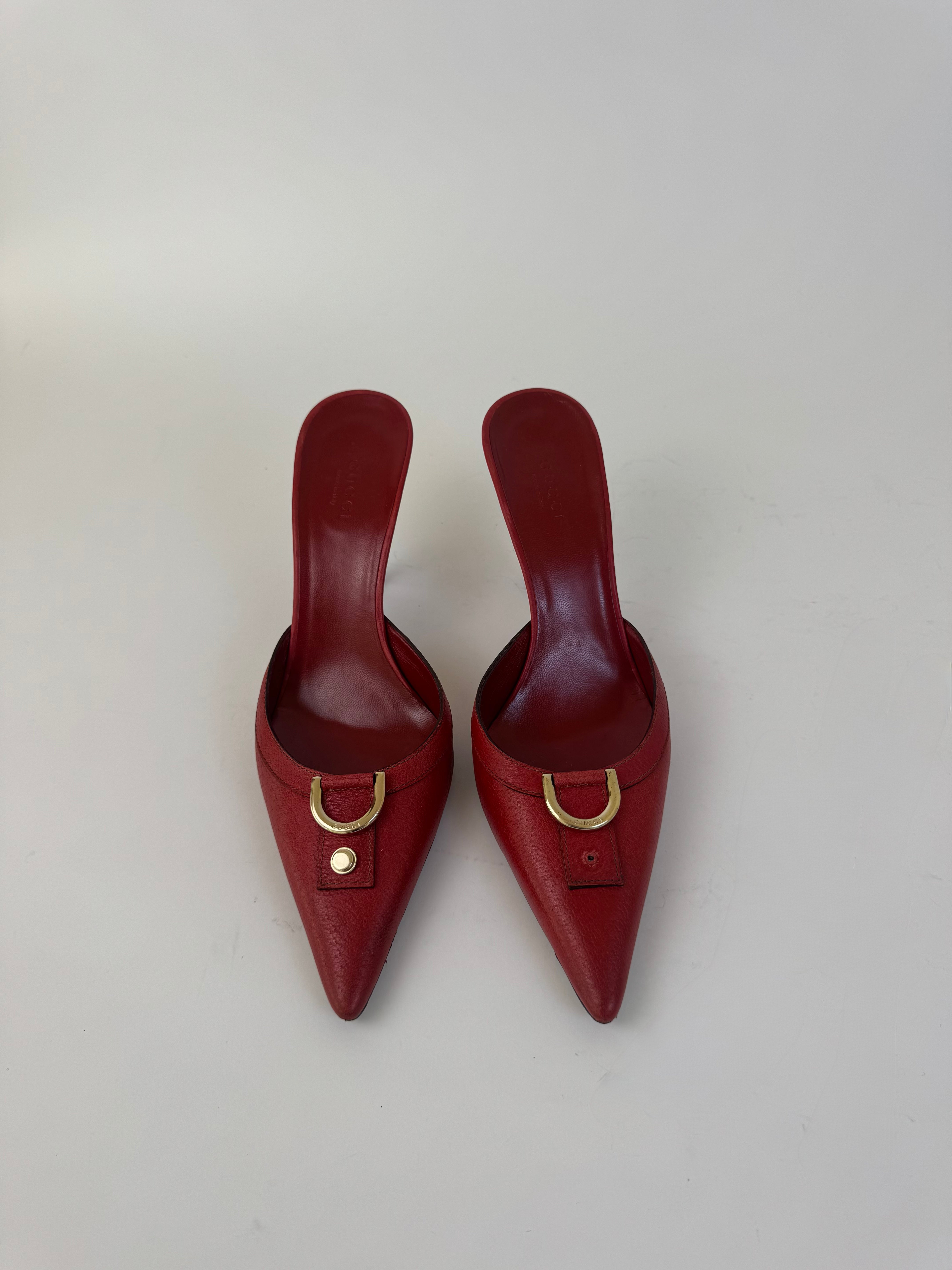 Gucci Red Leather Horsebit Mules 37.5