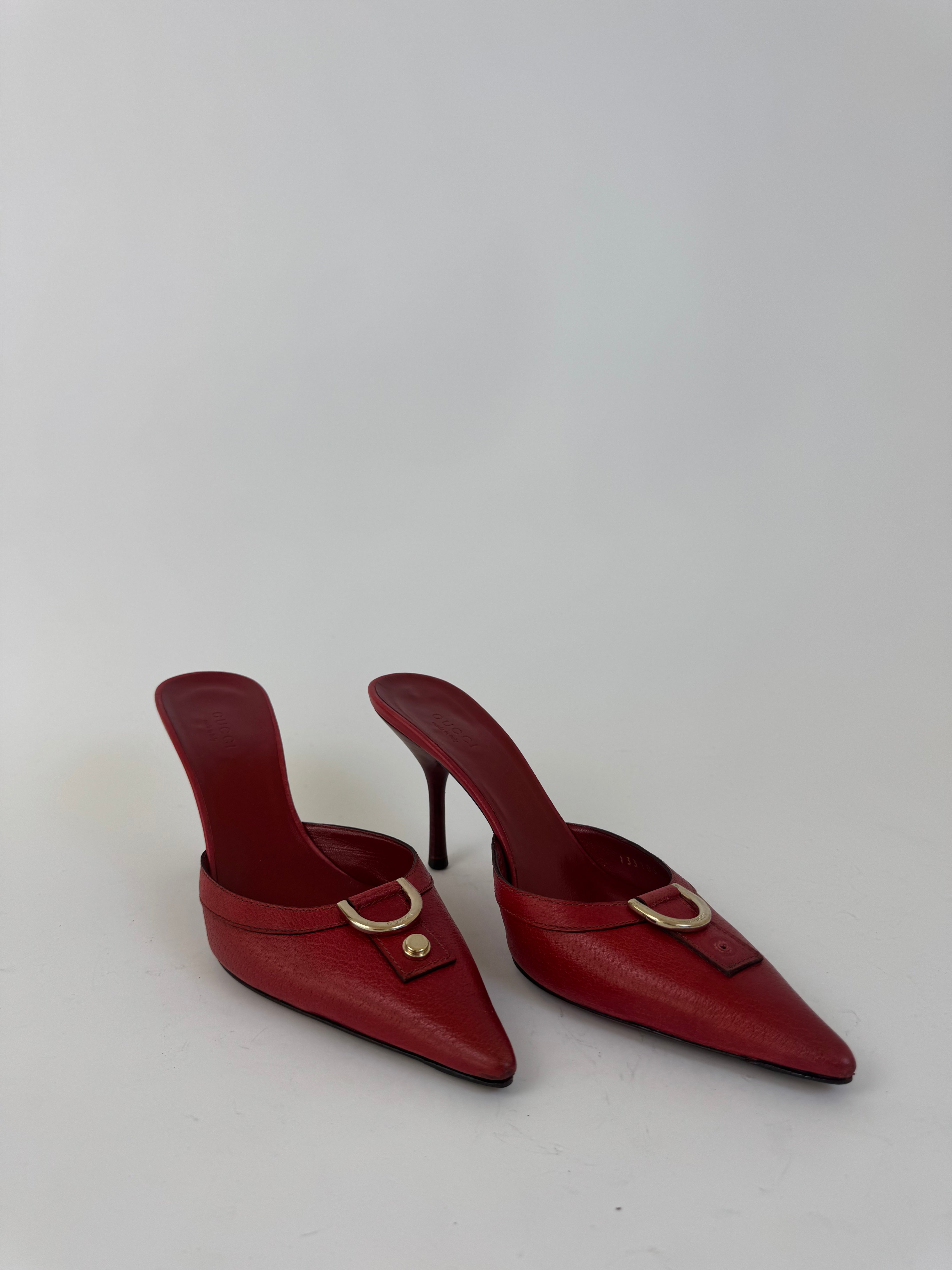 Gucci Red Leather Horsebit Mules 37.5