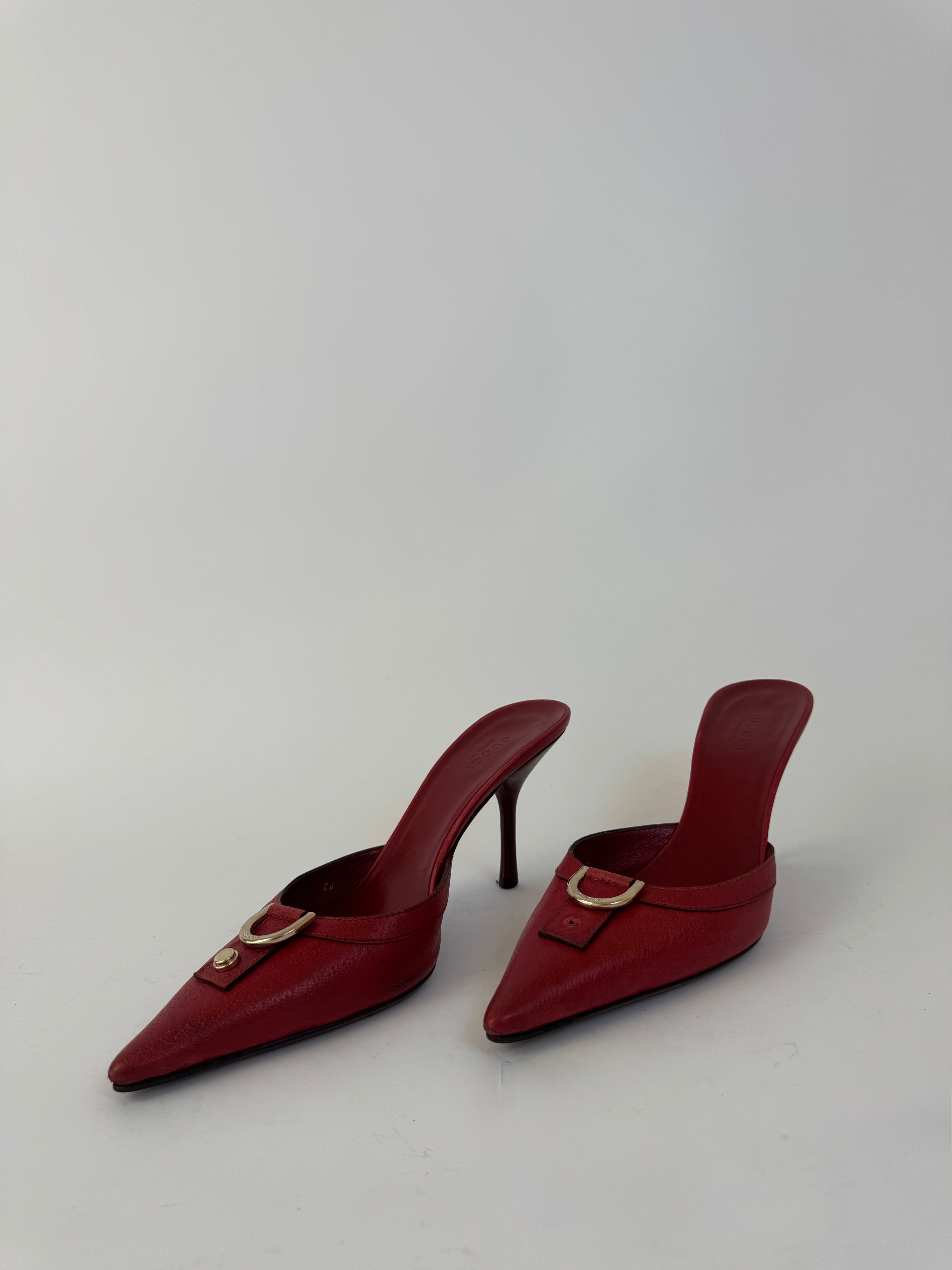 Gucci Red Leather Horsebit Mules 37.5
