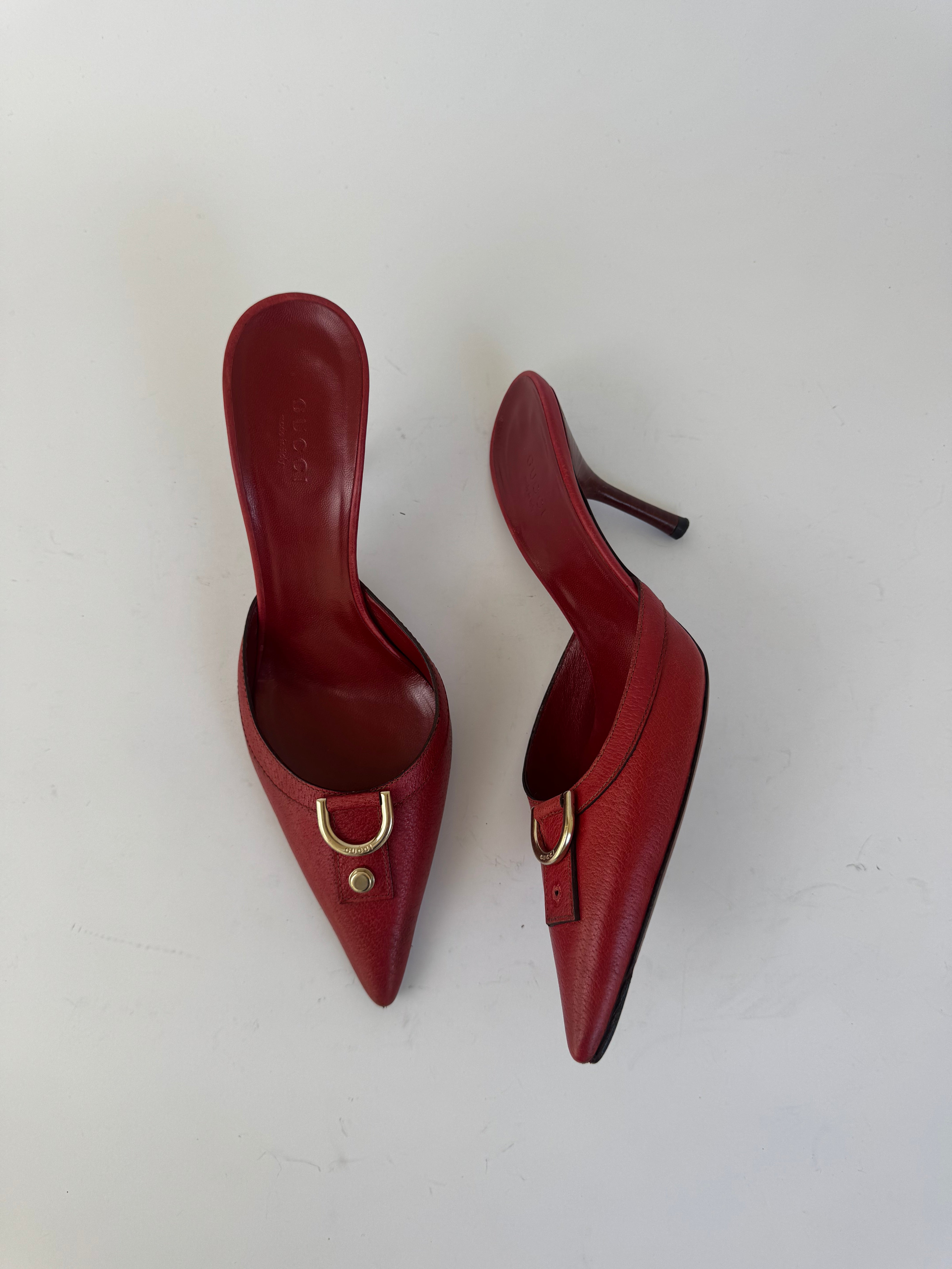 Gucci Red Leather Horsebit Mules 37.5