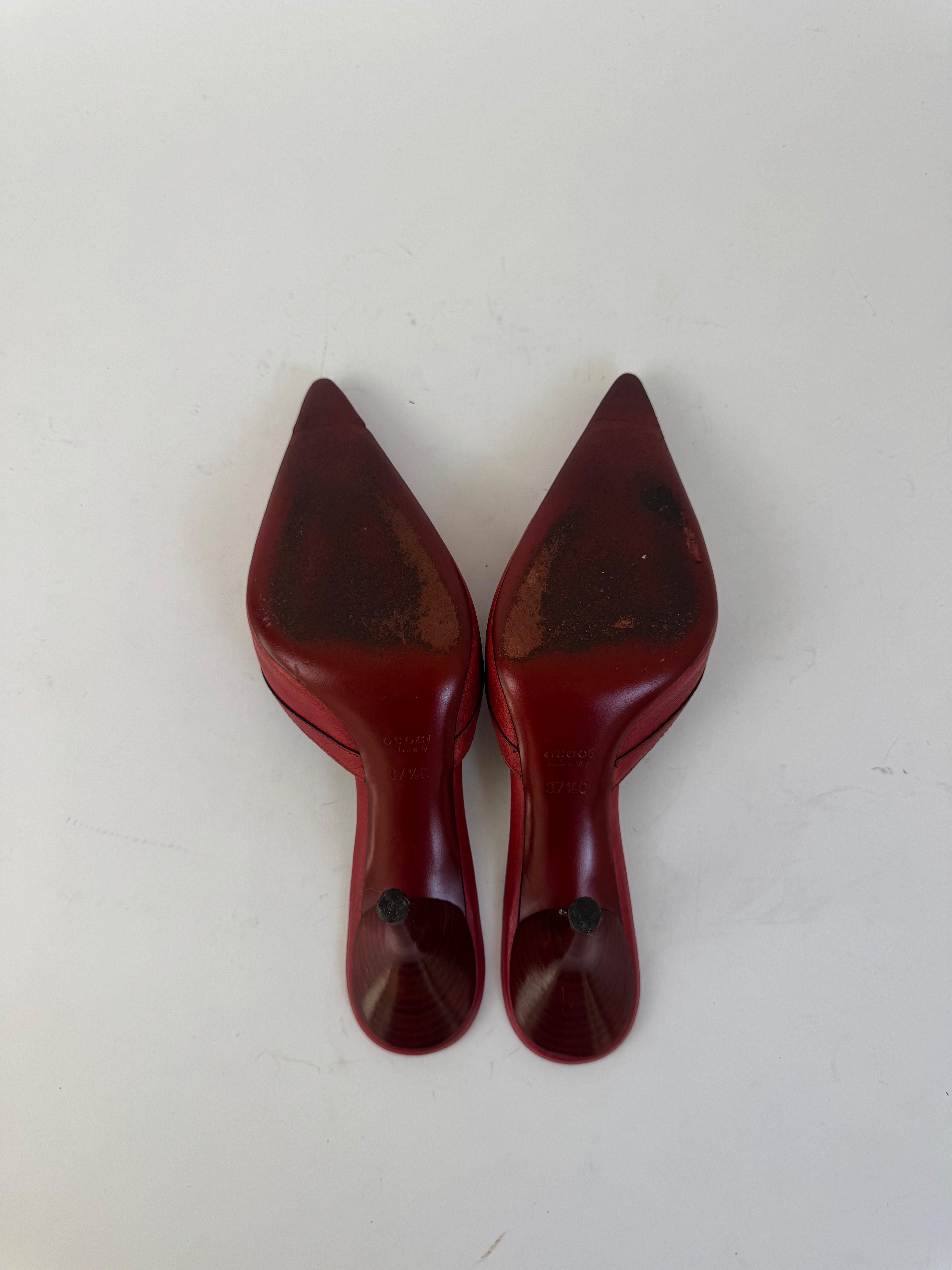 Gucci Red Leather Horsebit Mules 37.5