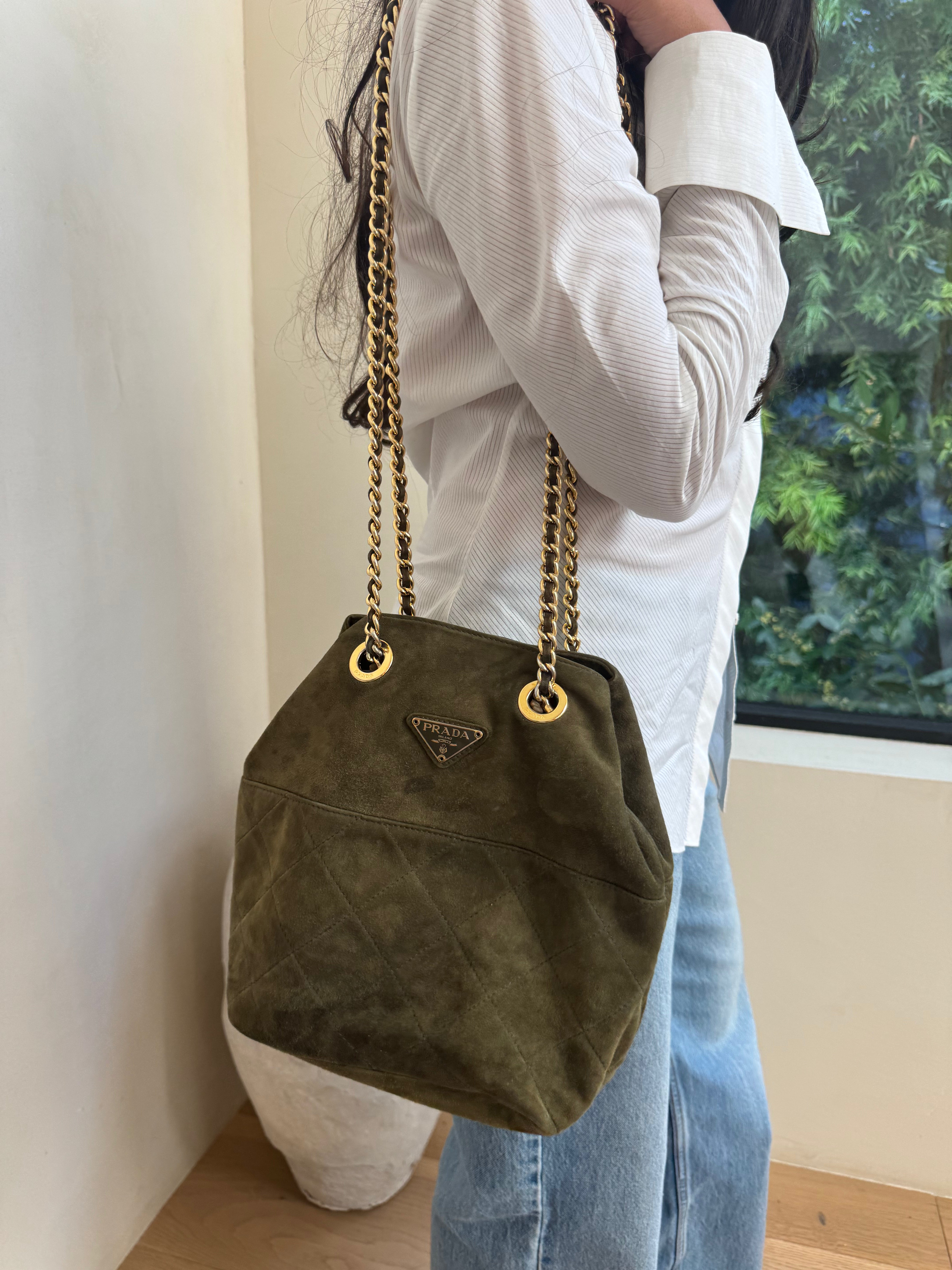 Prada Green Suede Shoulder Bag
