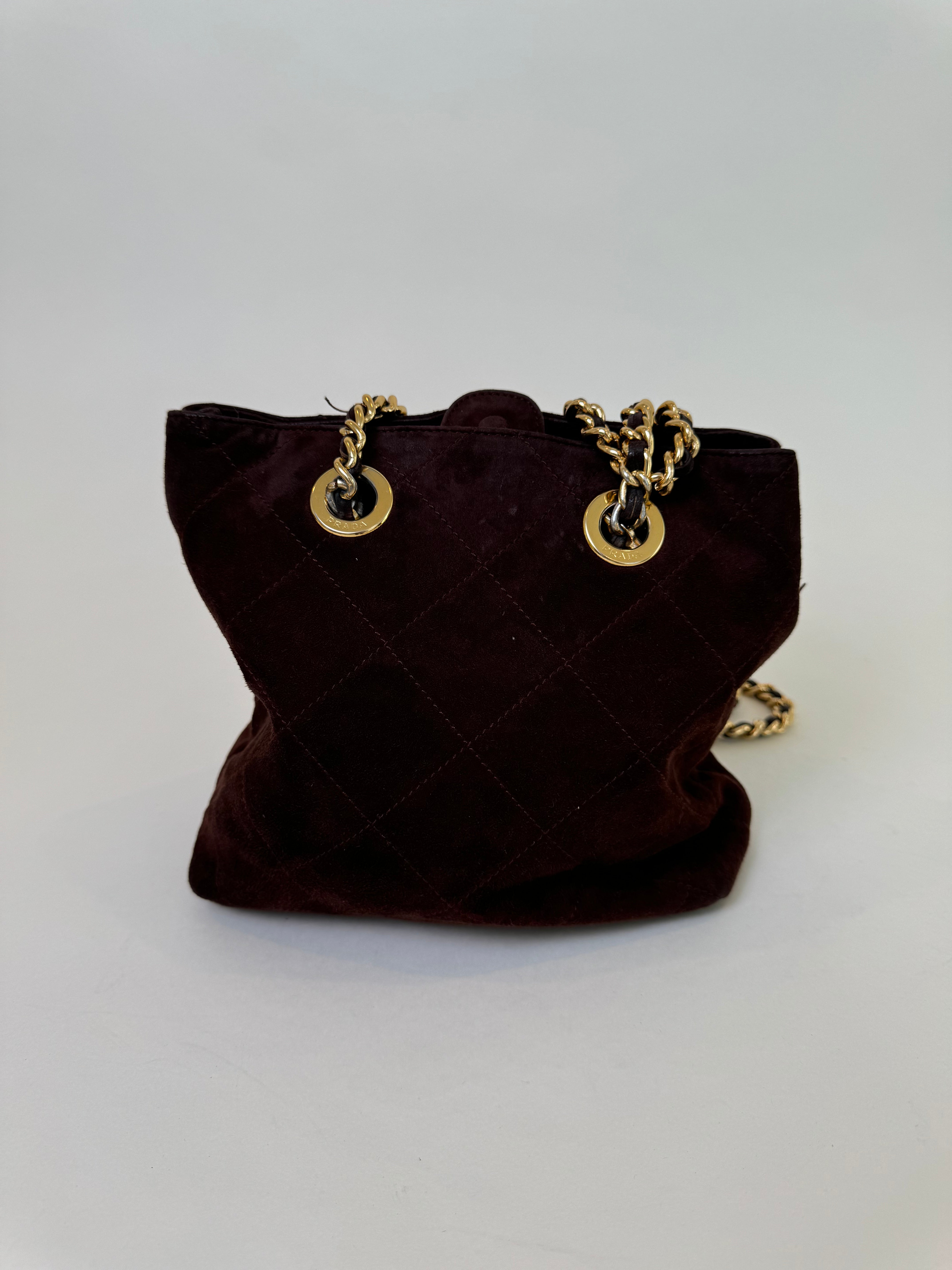 Prada Brown Suede Quilted Shoulder Bag