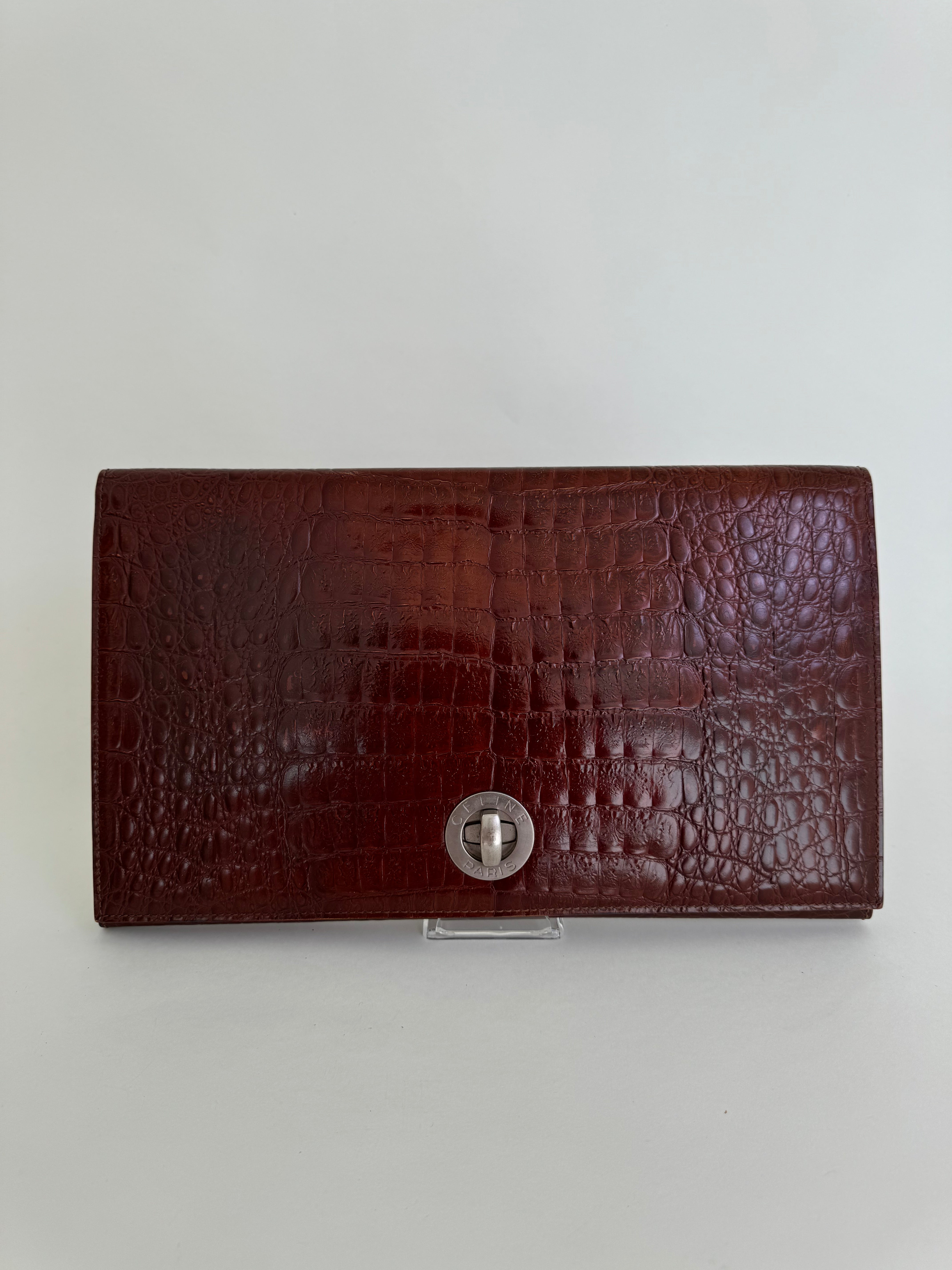 Celine Crocodile Leather Clutch Burgundy