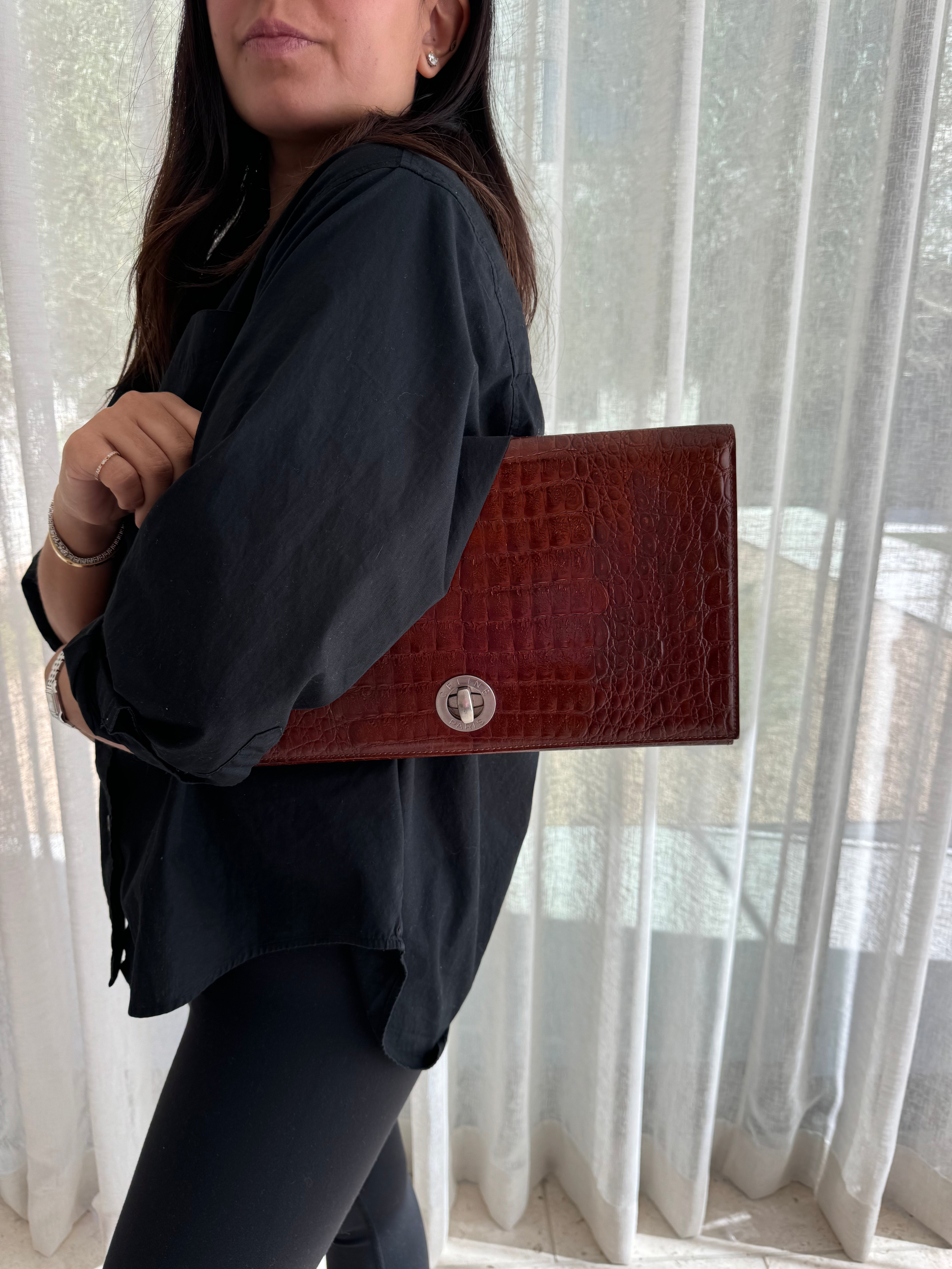 Celine Crocodile Leather Clutch Burgundy