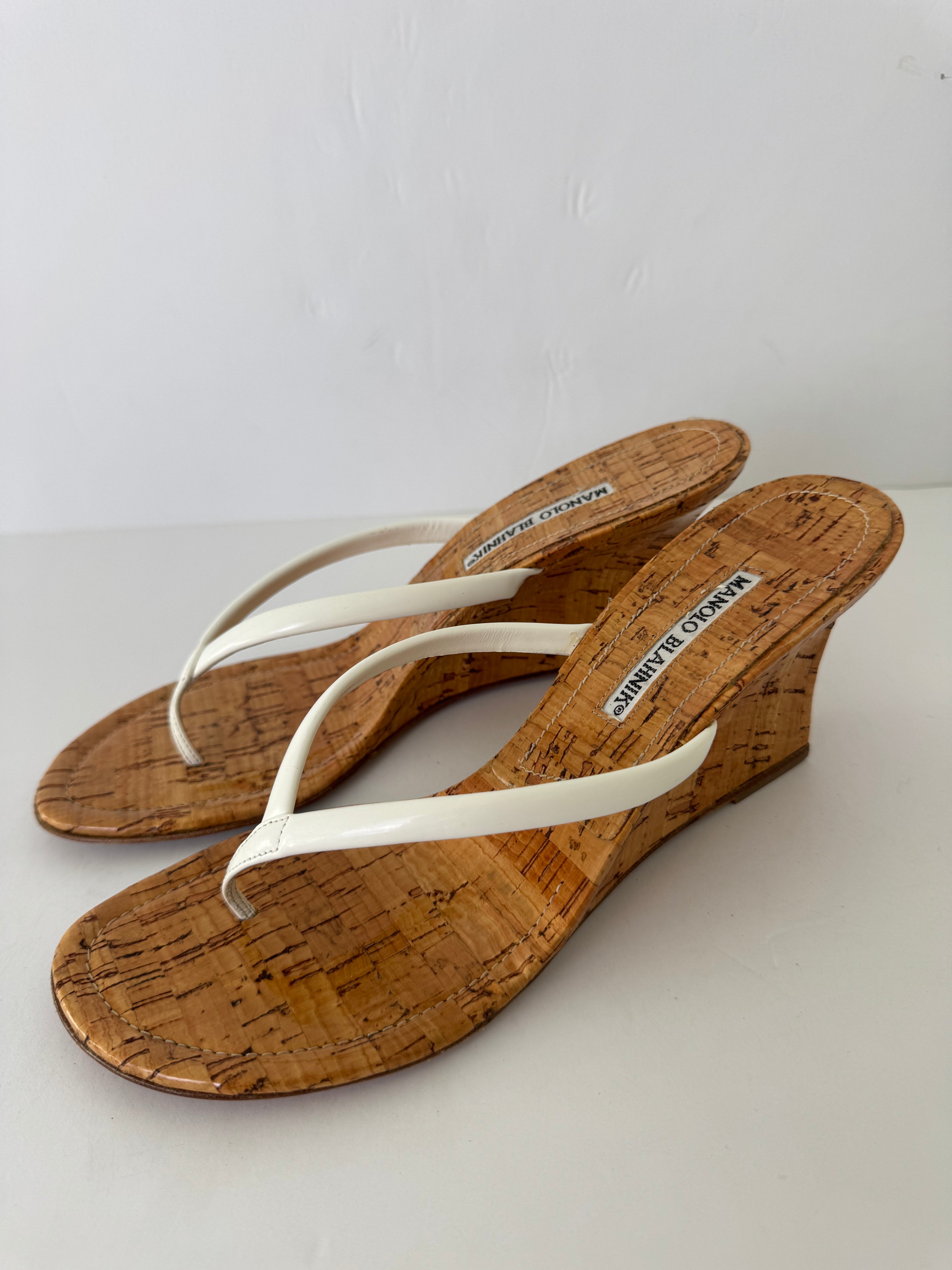 Manolo Blahnik Leather Thong Wedge 38.5