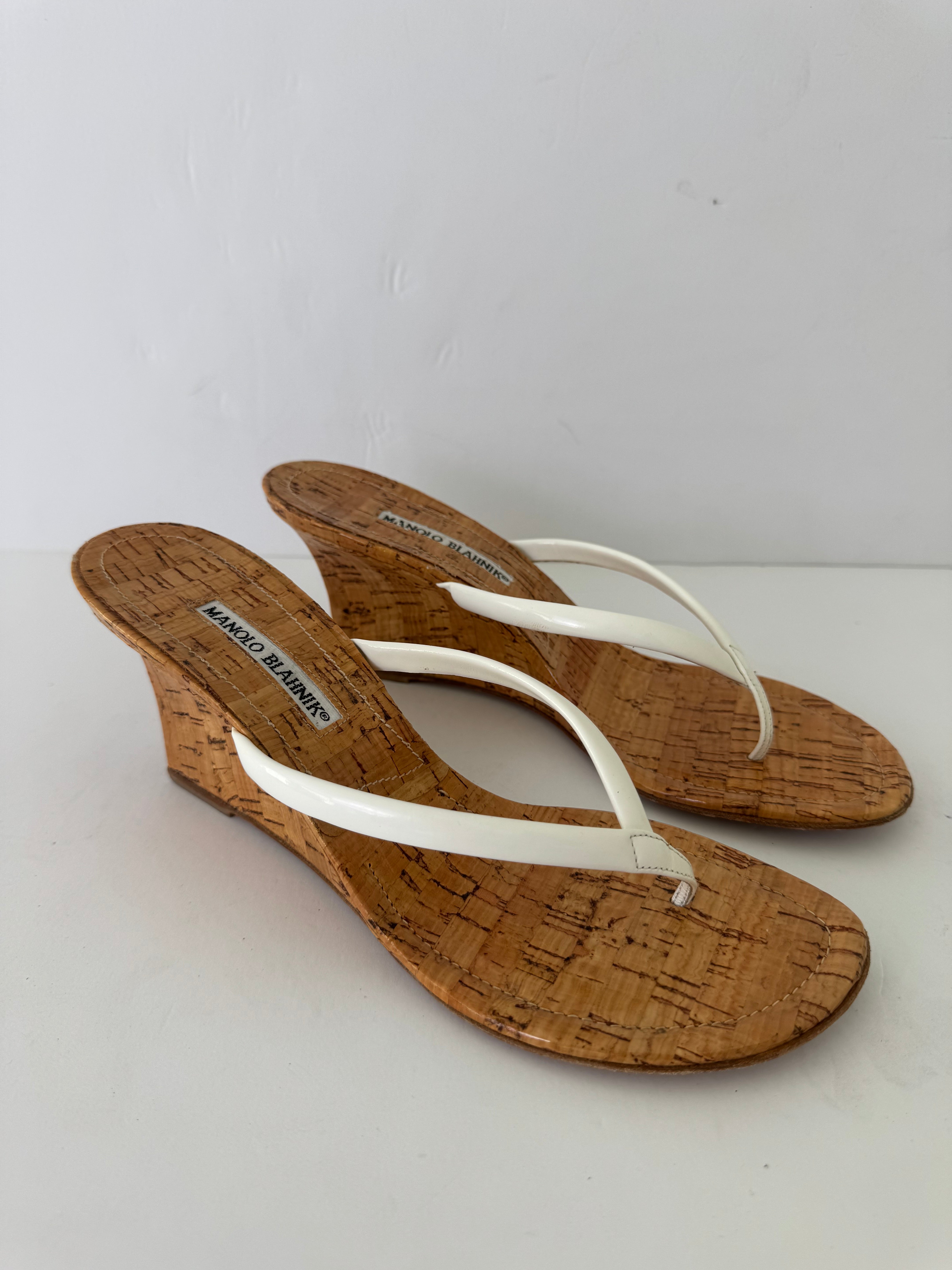 Manolo Blahnik Leather Thong Wedge 38.5