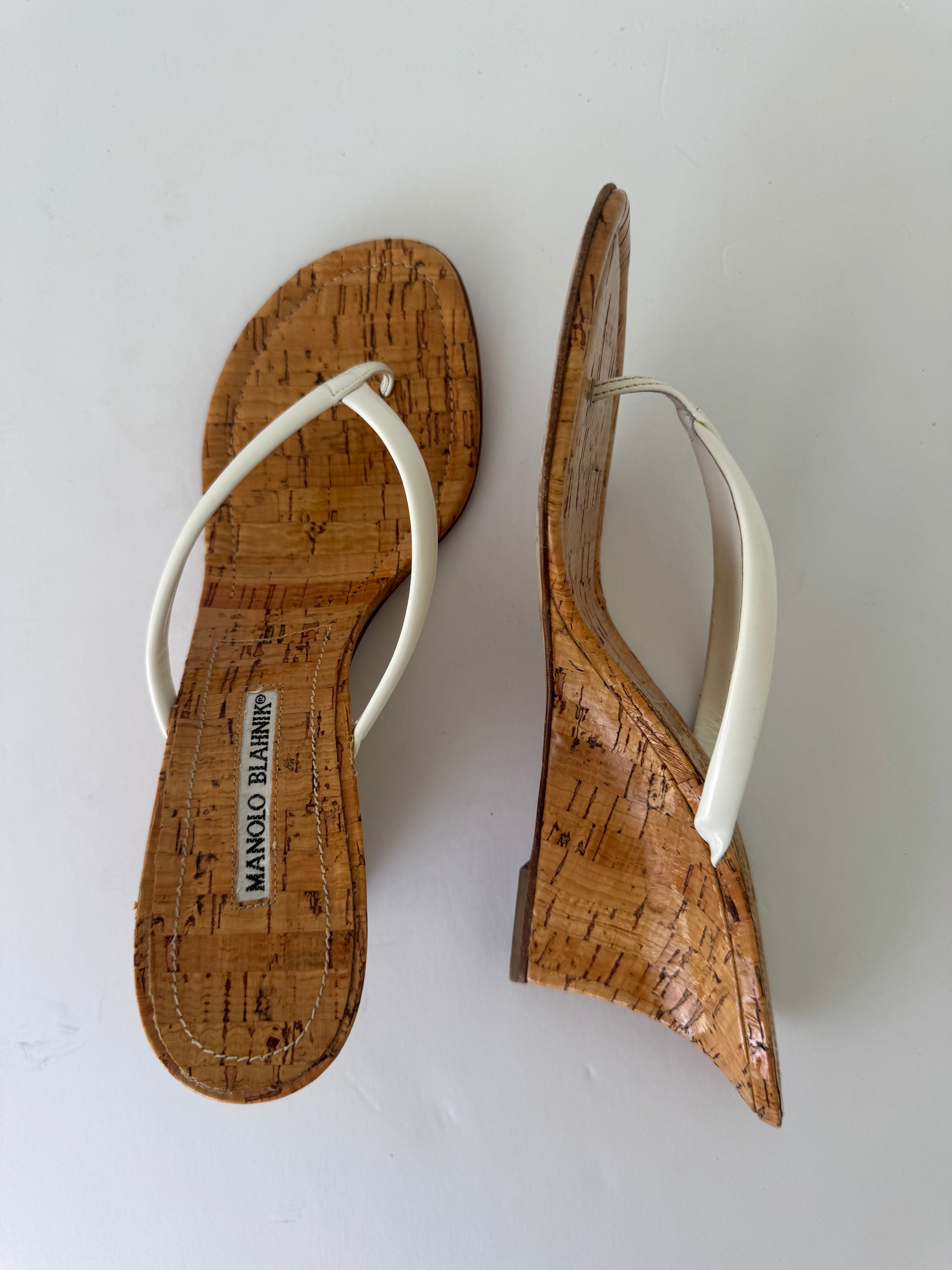 Manolo Blahnik Leather Thong Wedge 38.5