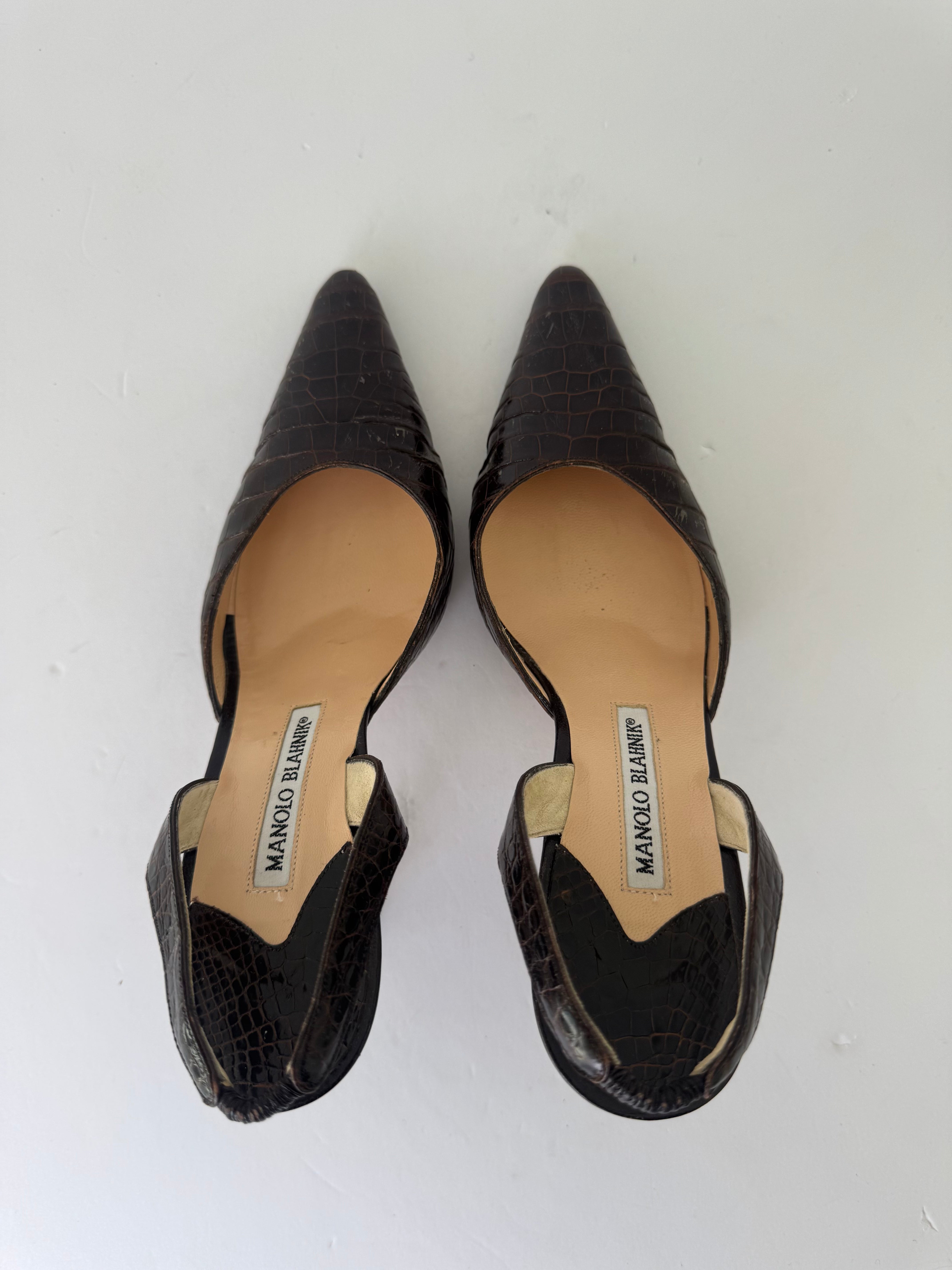 Manolo Blahnik Croc Embossed Slingbacks 37