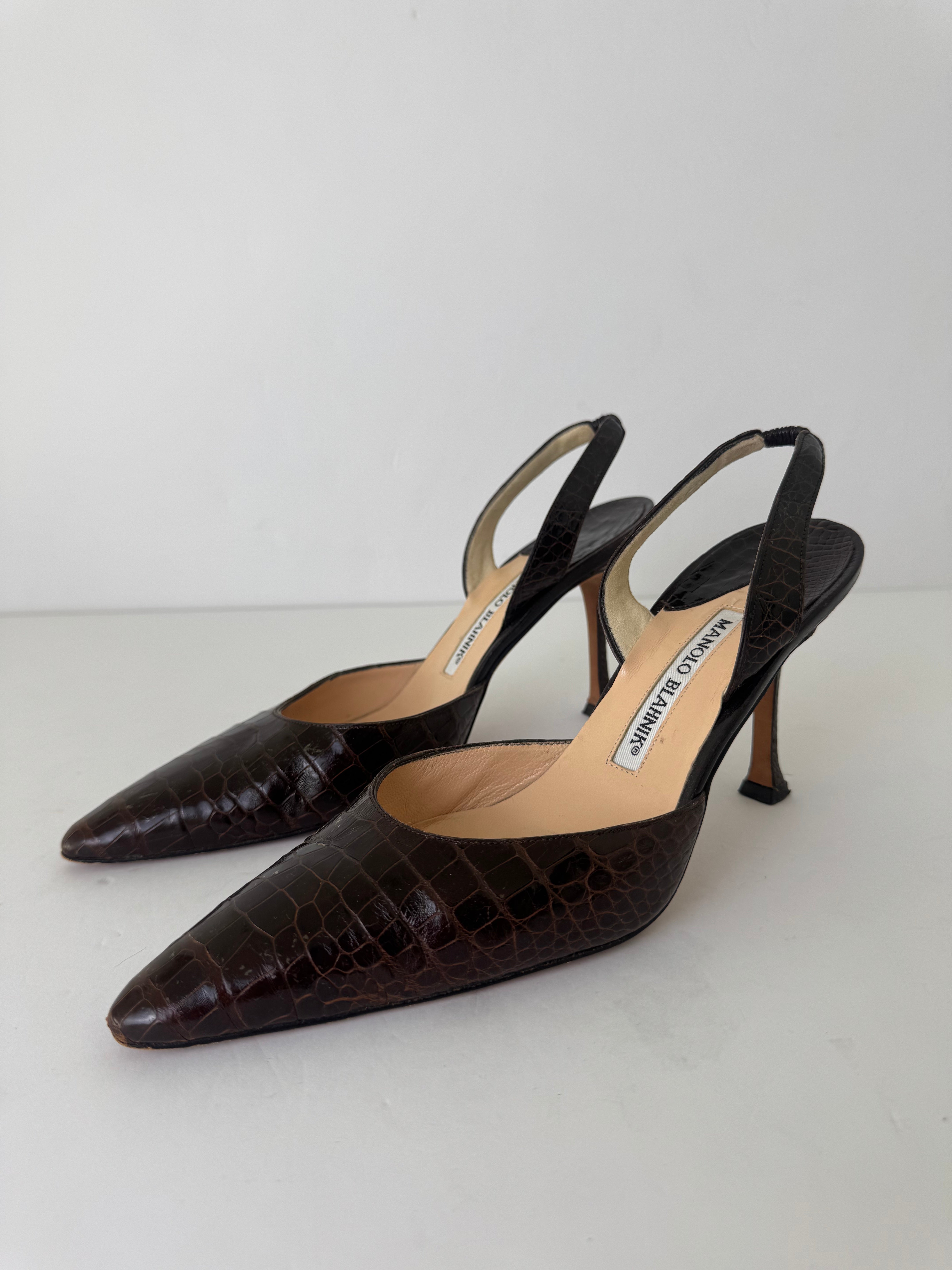 Manolo Blahnik Croc Embossed Slingbacks 37