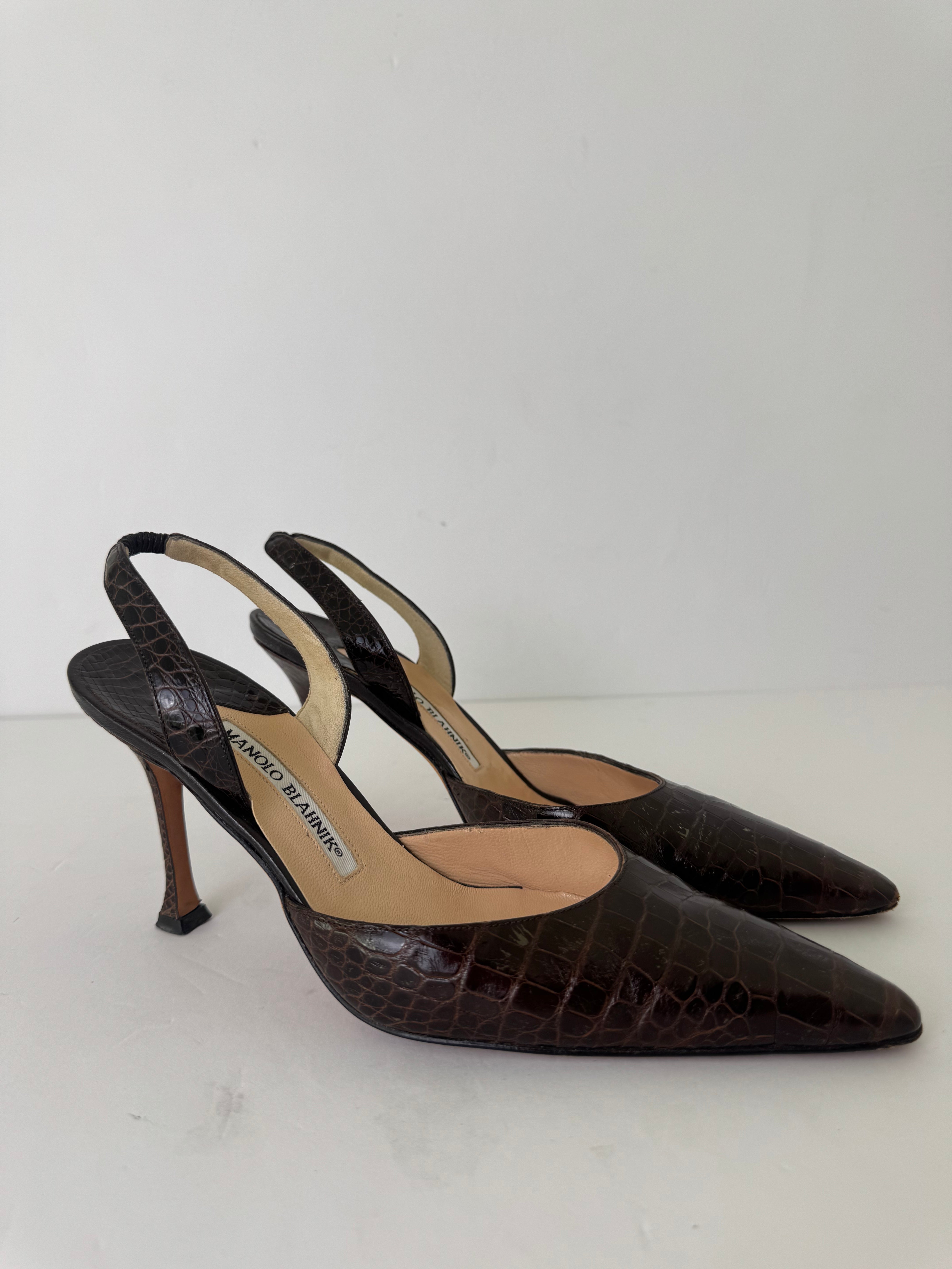 Manolo Blahnik Croc Embossed Slingbacks 37