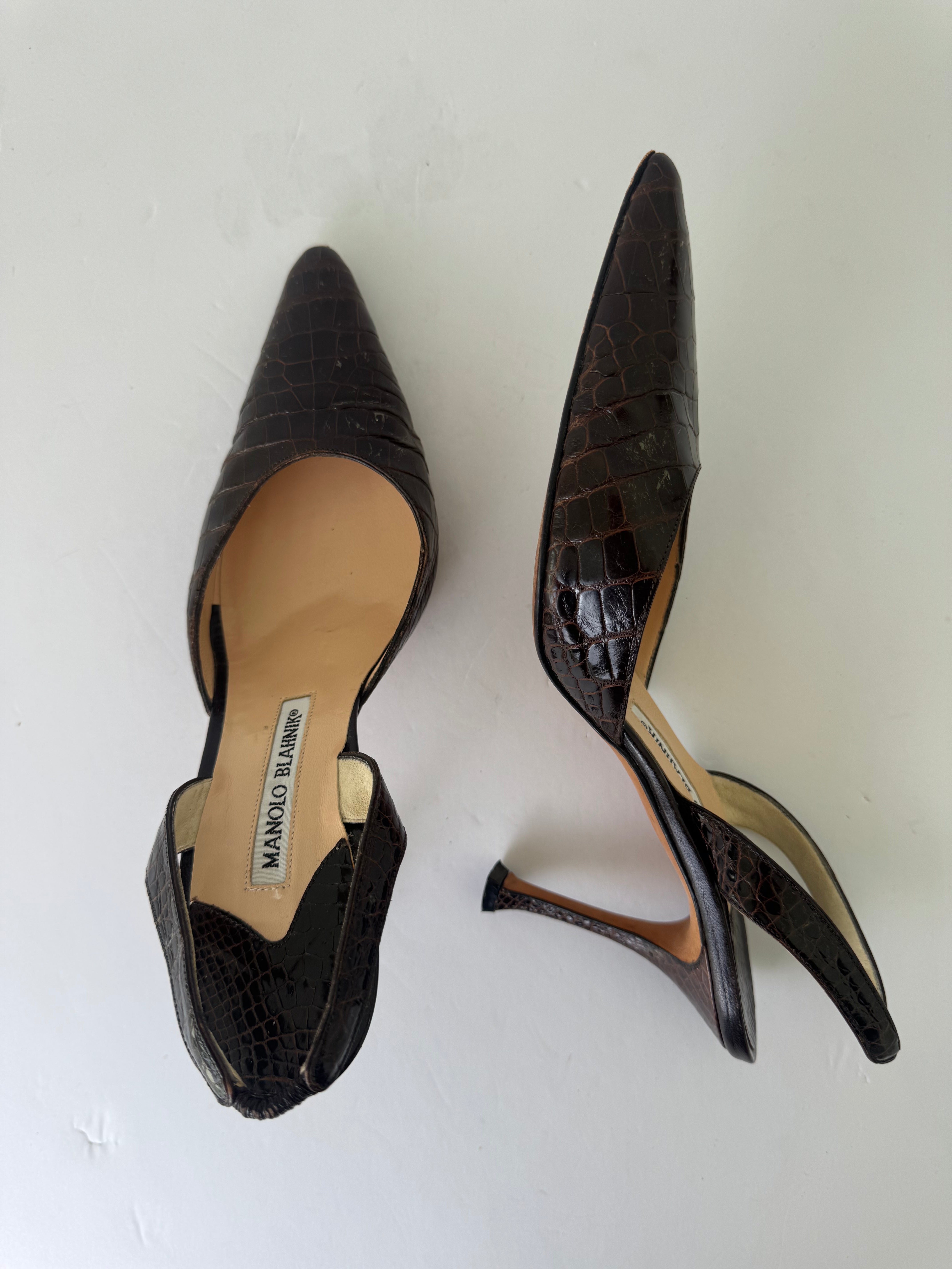 Manolo Blahnik Croc Embossed Slingbacks 37